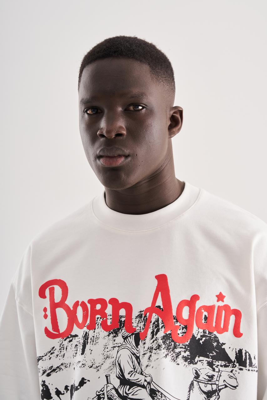 Erkek Born Again High Printed Oversize Tişört Ekru