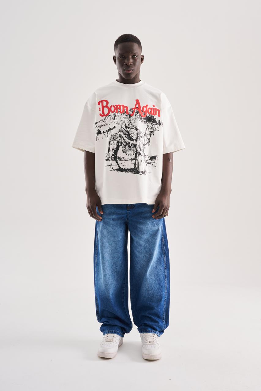Erkek Born Again High Printed Oversize Tişört Ekru