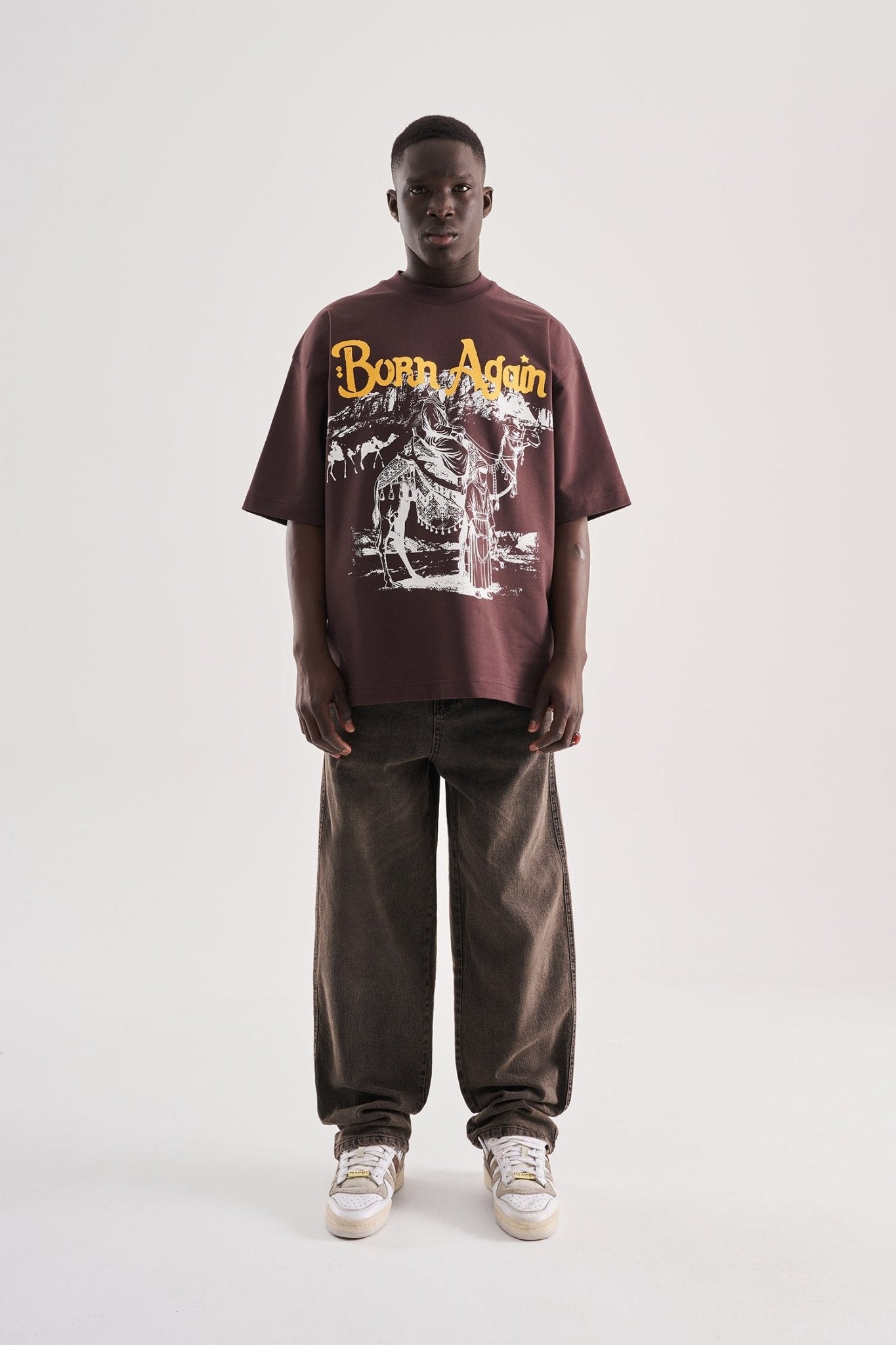 Erkek Born Again High Printed Oversize Tişört Kahverengi