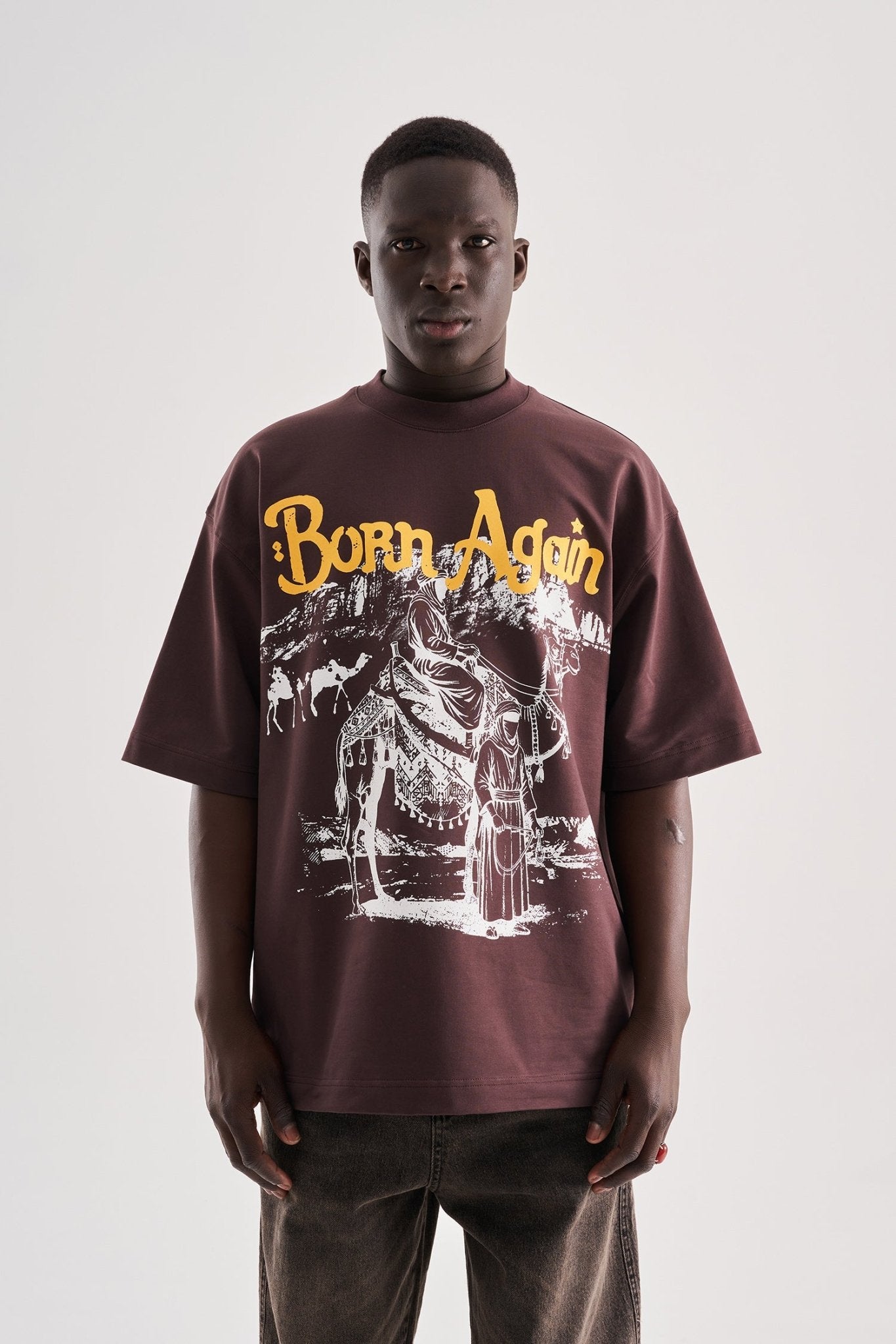 Erkek Born Again High Printed Oversize Tişört Kahverengi