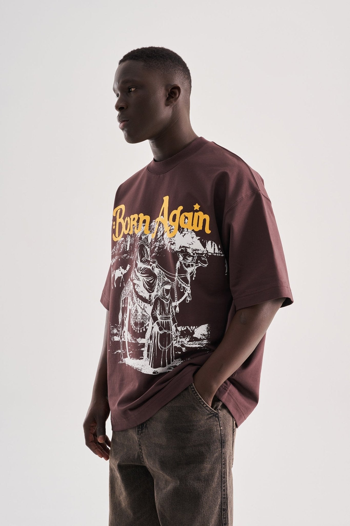 Erkek Born Again High Printed Oversize Tişört Kahverengi