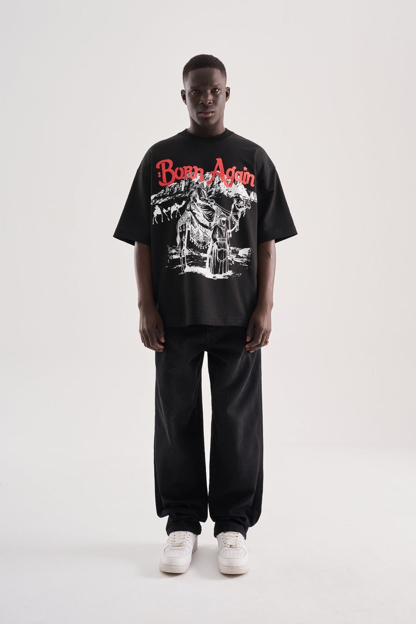 Erkek Born Again High Printed Oversize Tişört Siyah