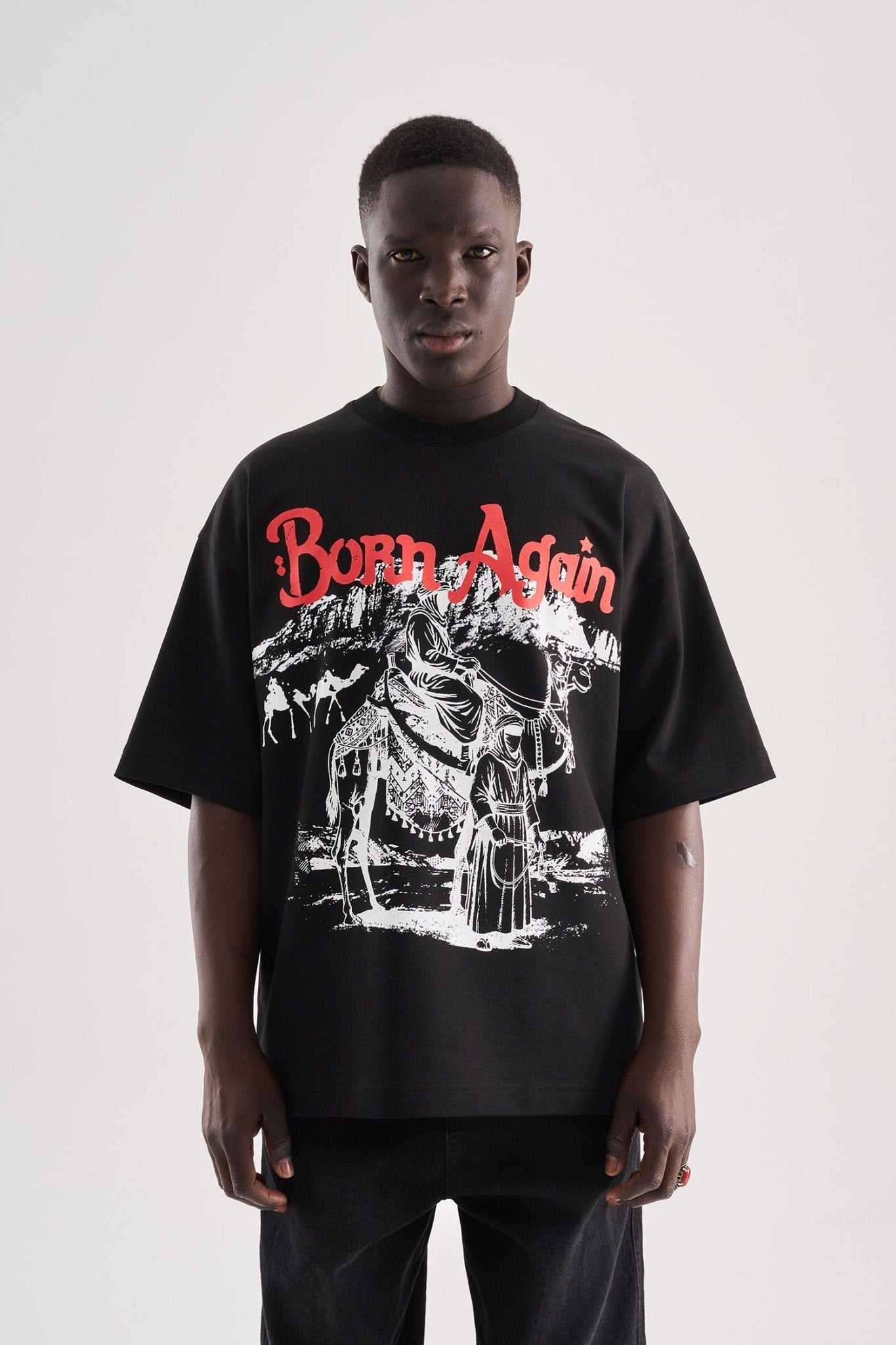 Erkek Born Again High Printed Oversize Tişört Siyah