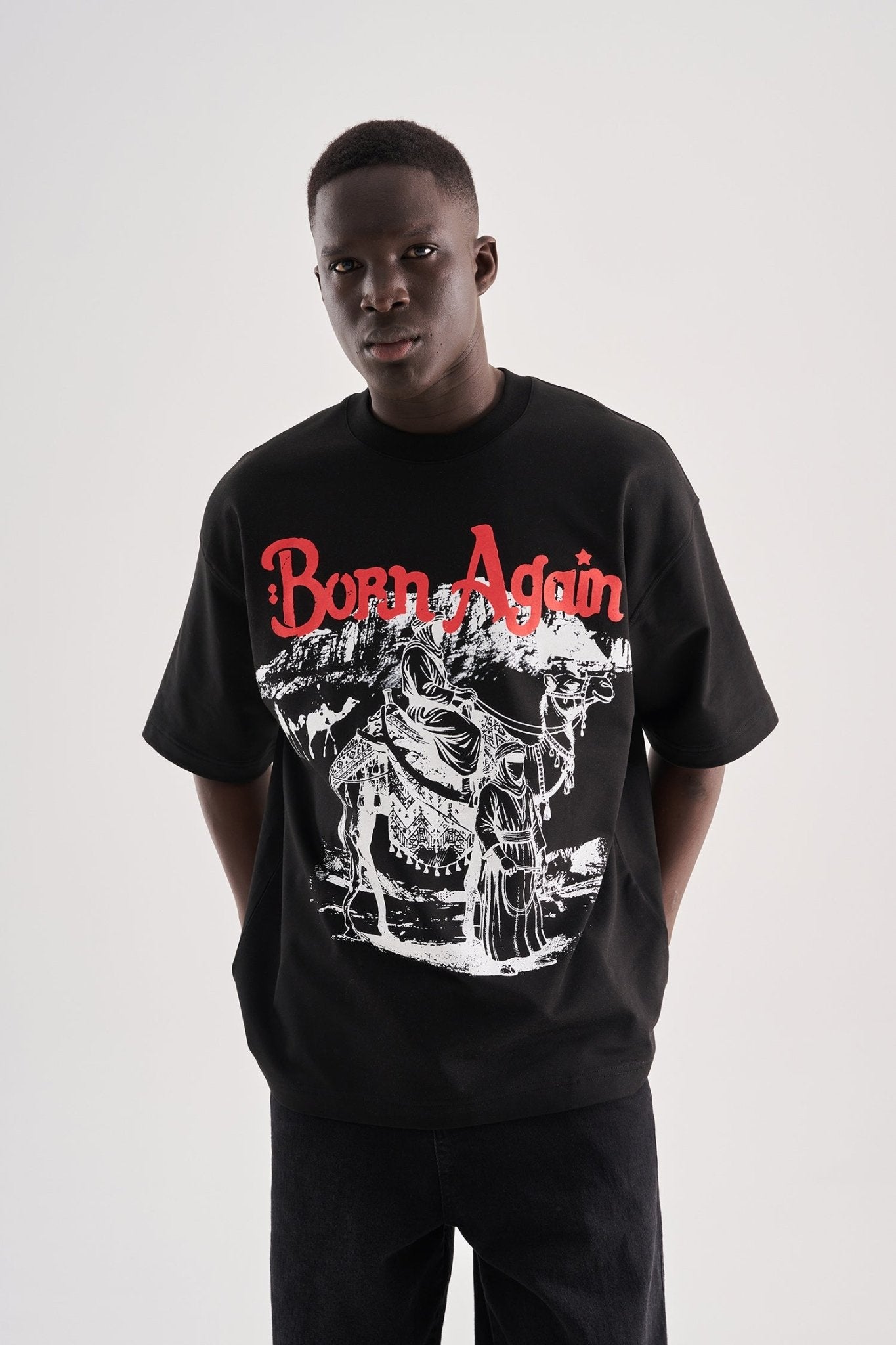 Erkek Born Again High Printed Oversize Tişört Siyah