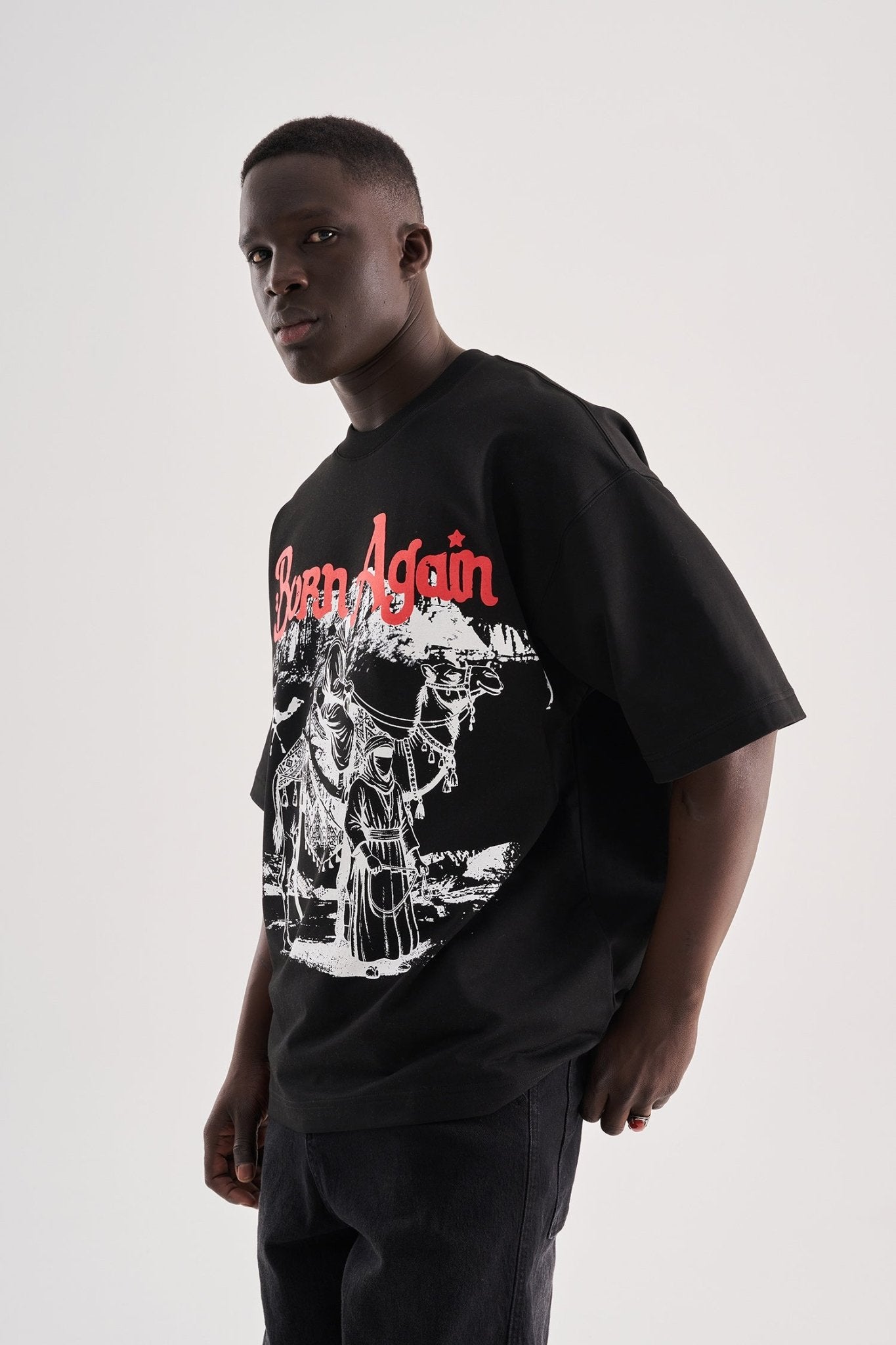 Erkek Born Again High Printed Oversize Tişört Siyah