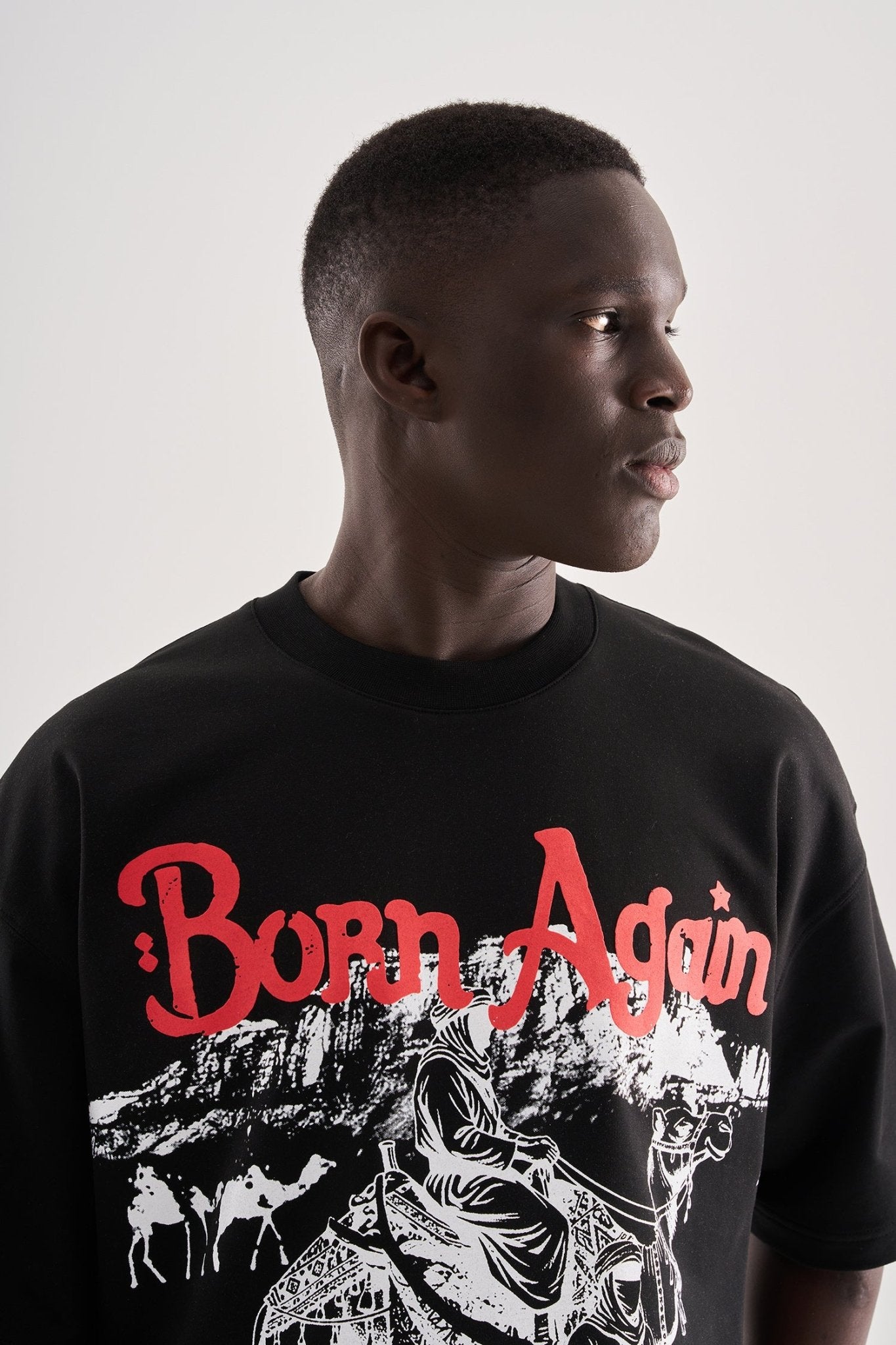 Erkek Born Again High Printed Oversize Tişört Siyah