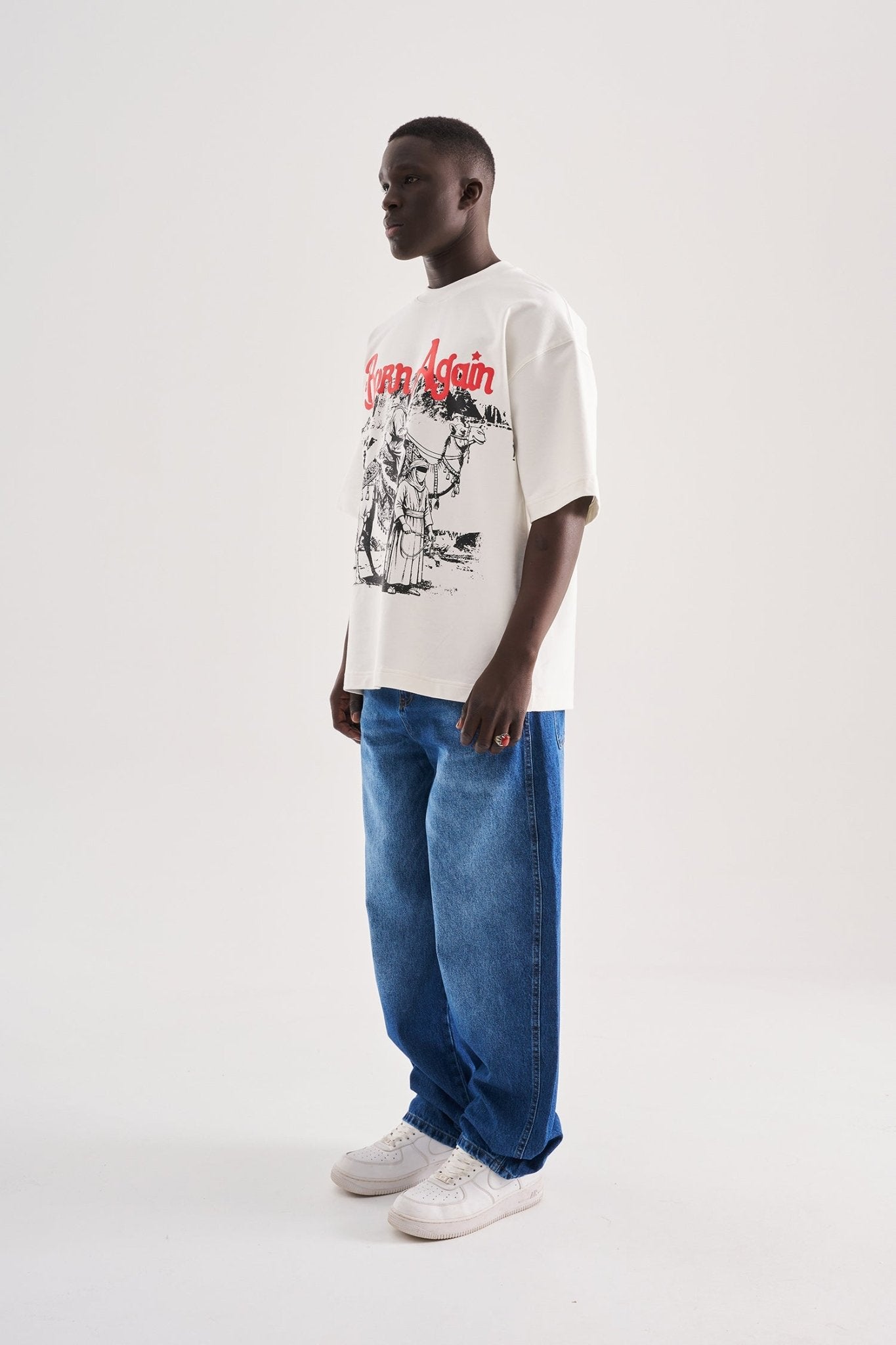 Erkek Born Again High Printed Oversize Tişört Uzay Grisi