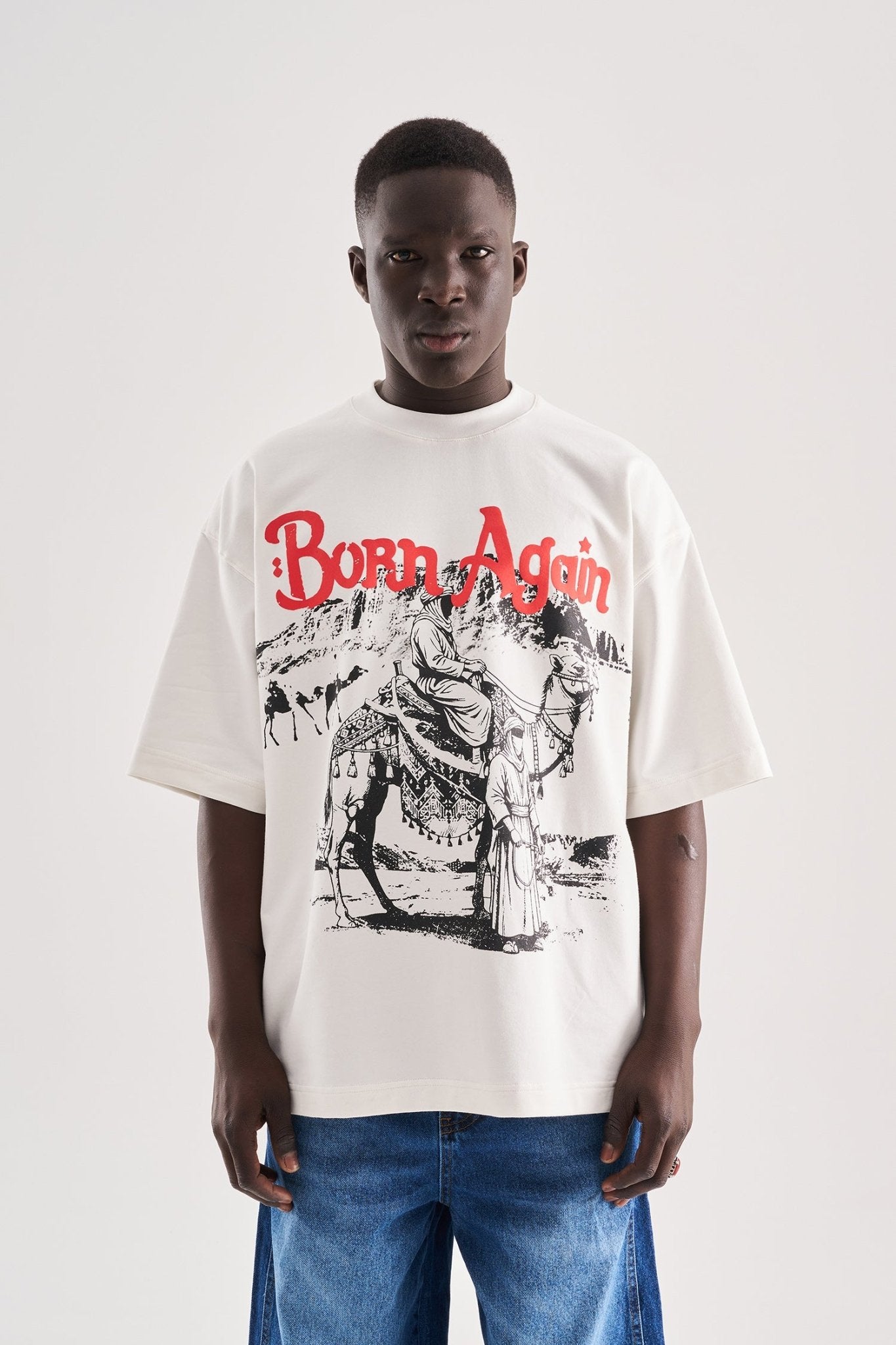 Erkek Born Again High Printed Oversize Tişört Uzay Grisi