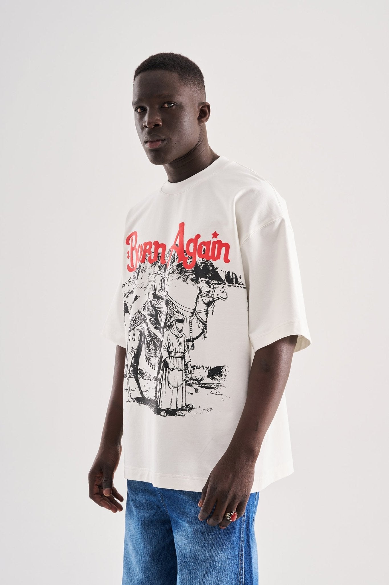 Erkek Born Again High Printed Oversize Tişört Uzay Grisi