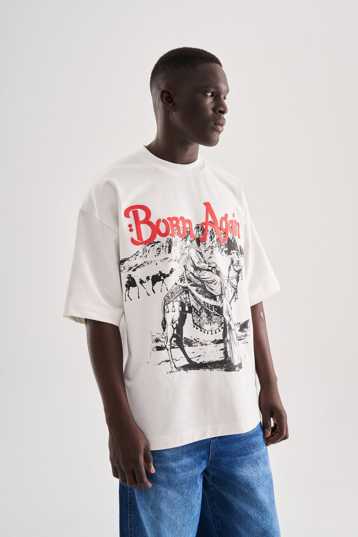 Erkek Born Again High Printed Oversize Tişört Uzay Grisi
