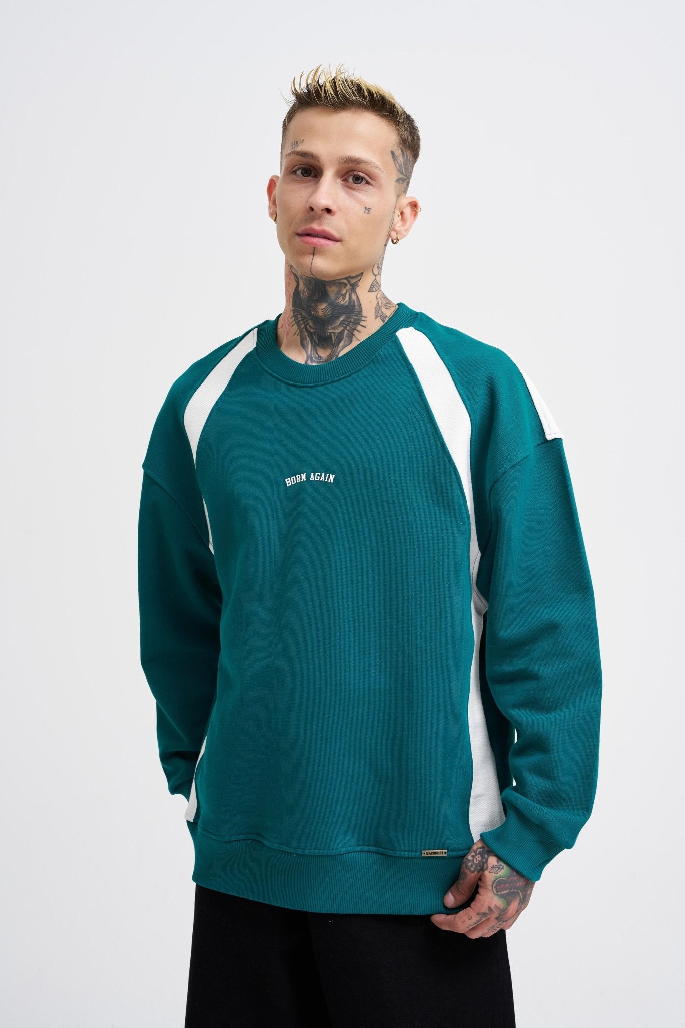 Erkek Born Again Sweatshirt Yağ Yeşili - Ekru