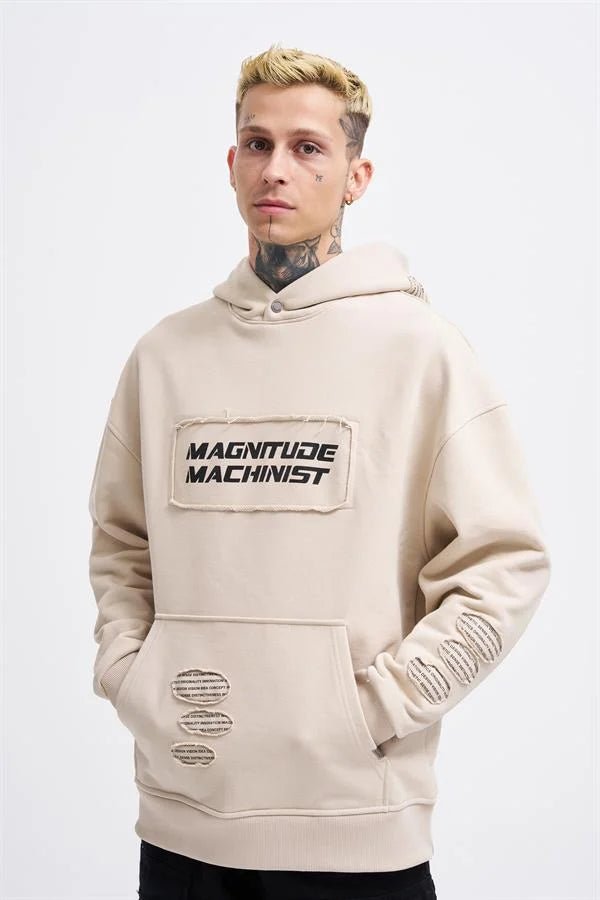Erkek Bottom Patch Kapüşonlu Sweatshirt Açık Bej