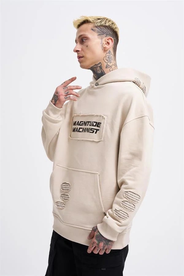 Erkek Bottom Patch Kapüşonlu Sweatshirt Açık Bej