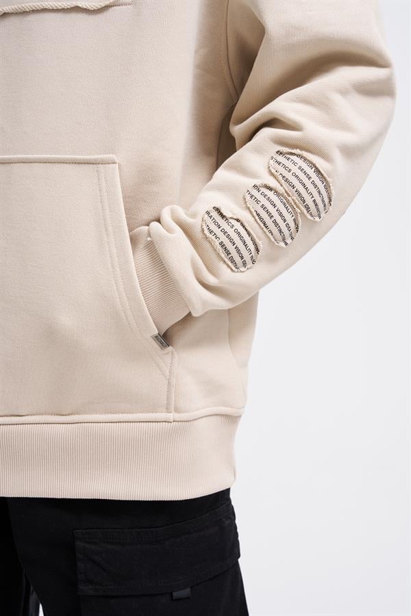 Erkek Bottom Patch Kapüşonlu Sweatshirt Açık Bej