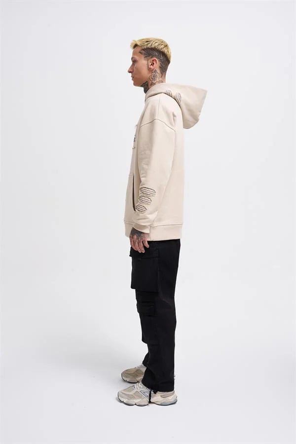 Erkek Bottom Patch Kapüşonlu Sweatshirt Açık Bej