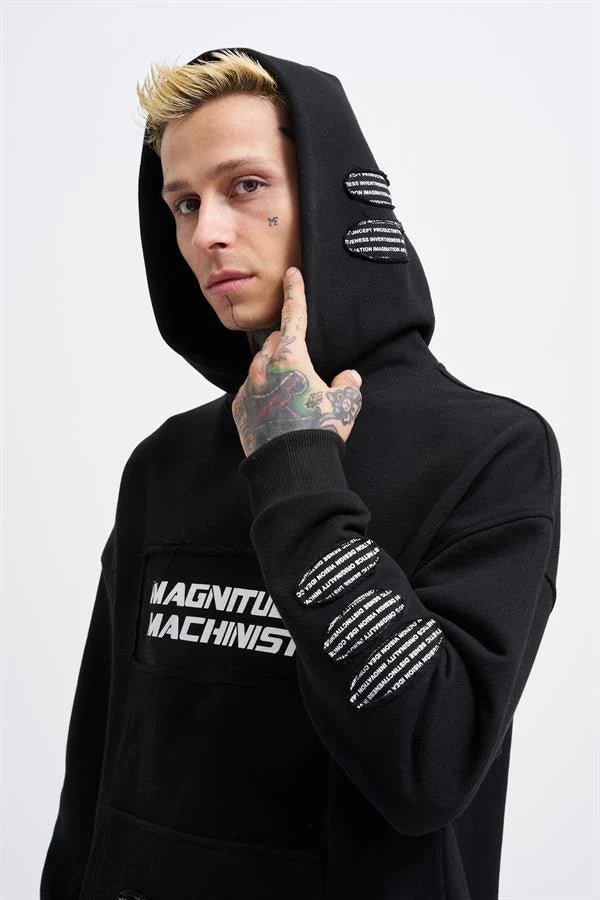 Erkek Bottom Patch Kapüşonlu Sweatshirt Siyah