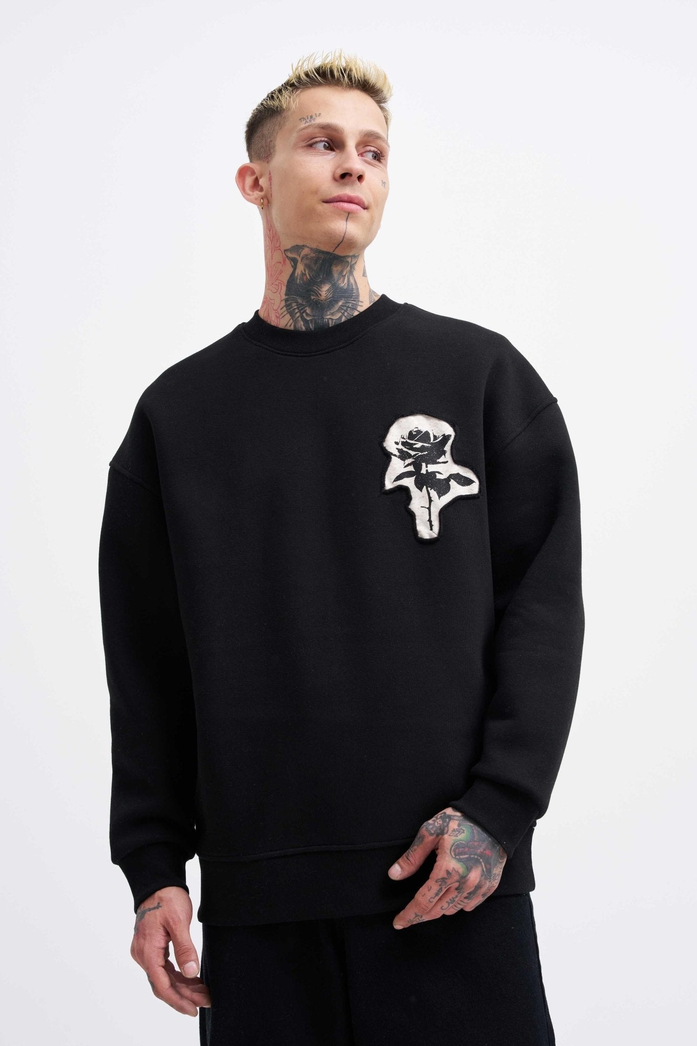 Erkek Bottom Printed Patch Sweatshirt Siyah