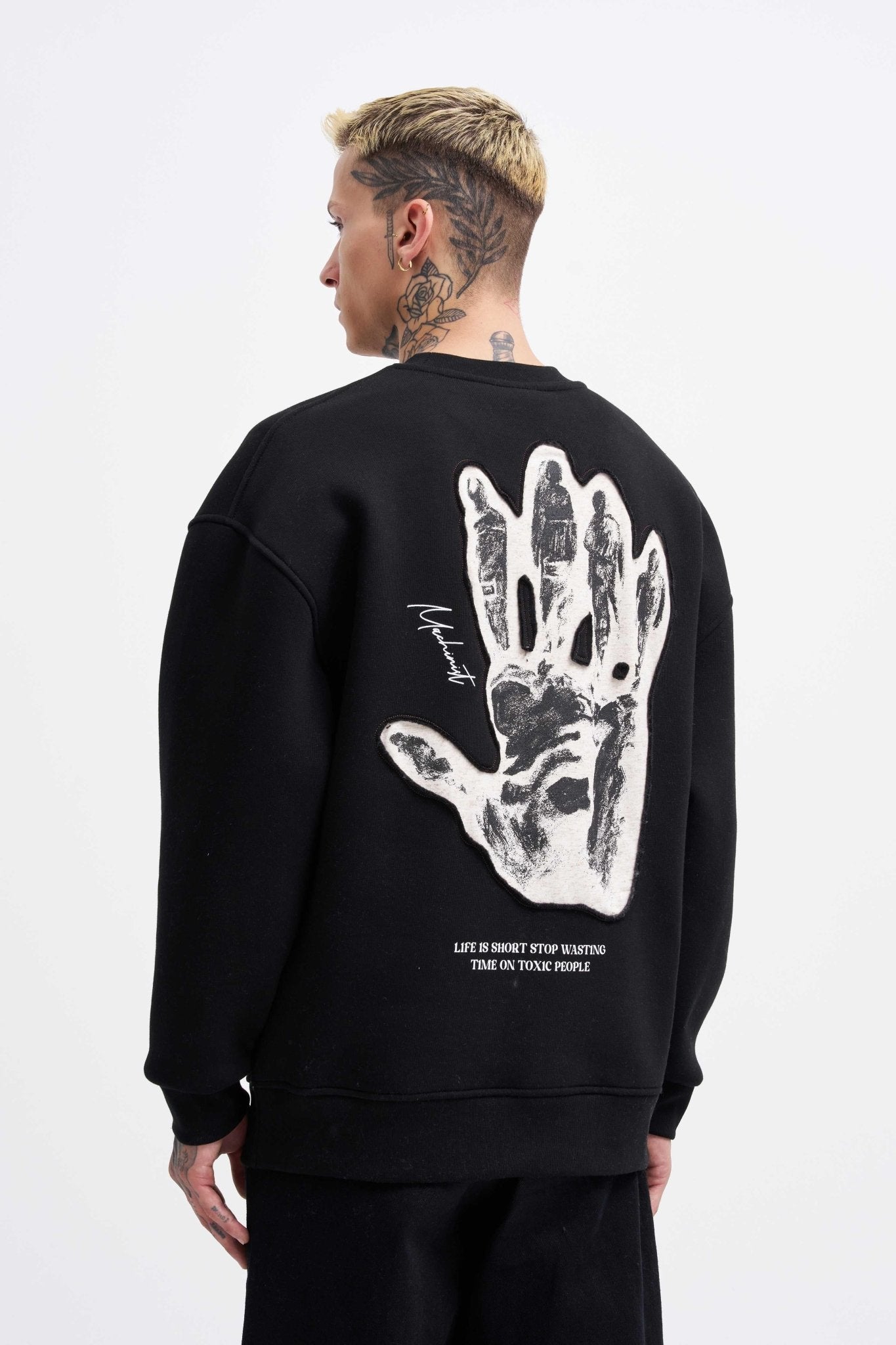 Erkek Bottom Printed Patch Sweatshirt Siyah