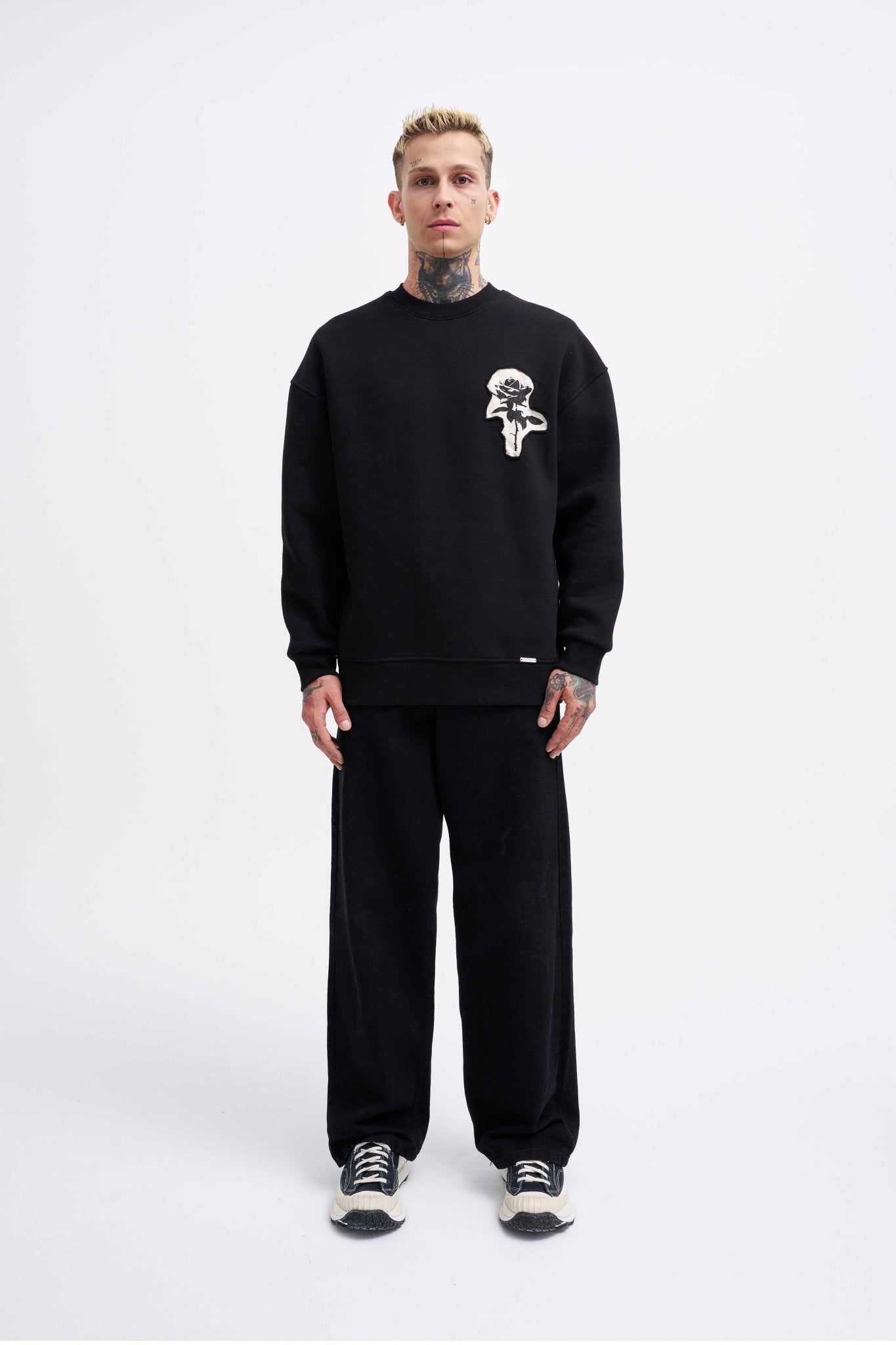 Erkek Bottom Printed Patch Sweatshirt Siyah