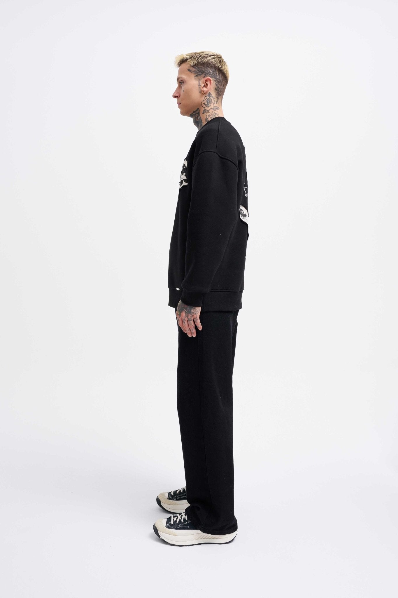 Erkek Bottom Printed Patch Sweatshirt Siyah