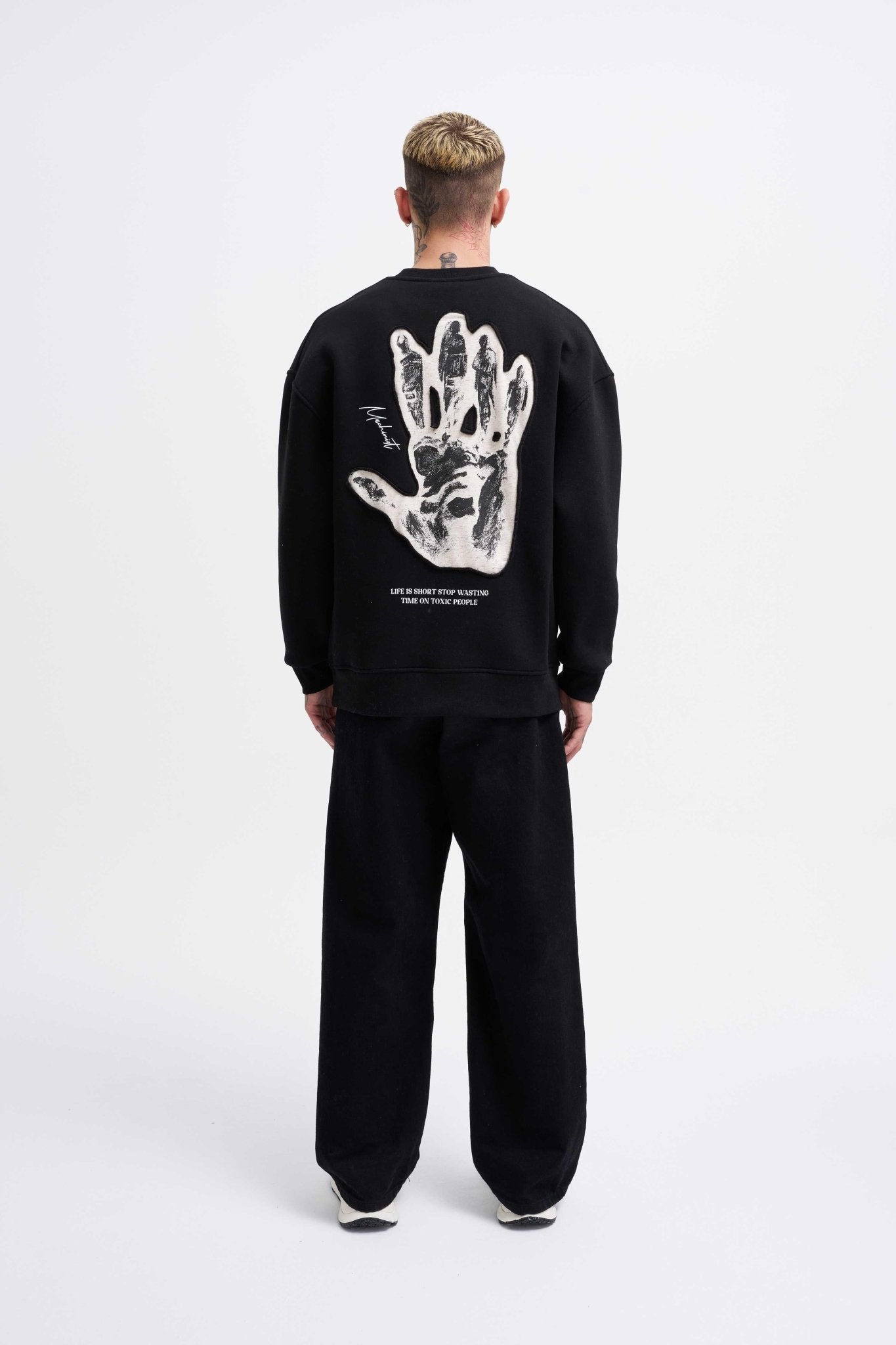 Erkek Bottom Printed Patch Sweatshirt Siyah