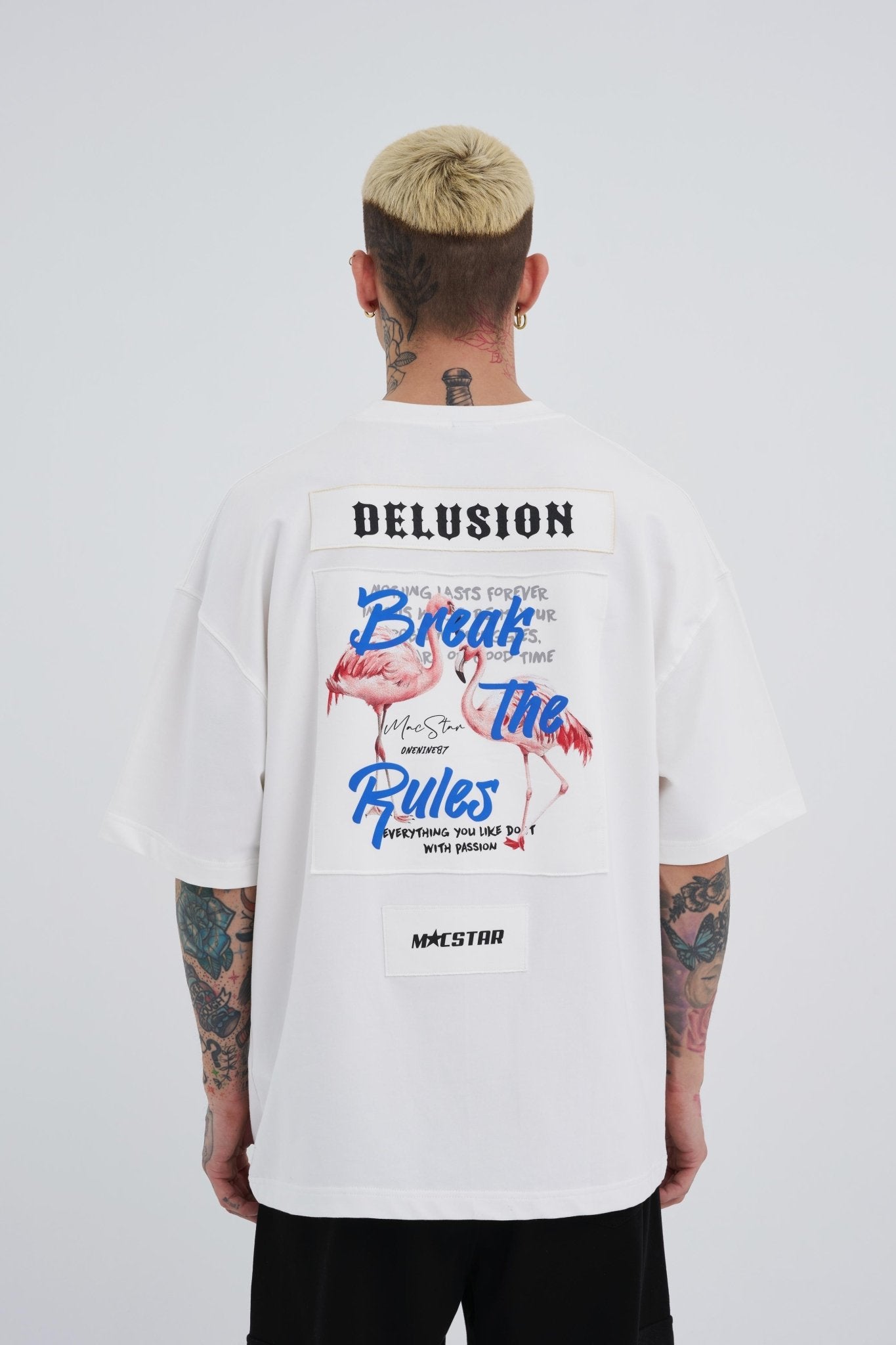 Erkek Break The Rules Baskılı Oversize Tişört Ekru