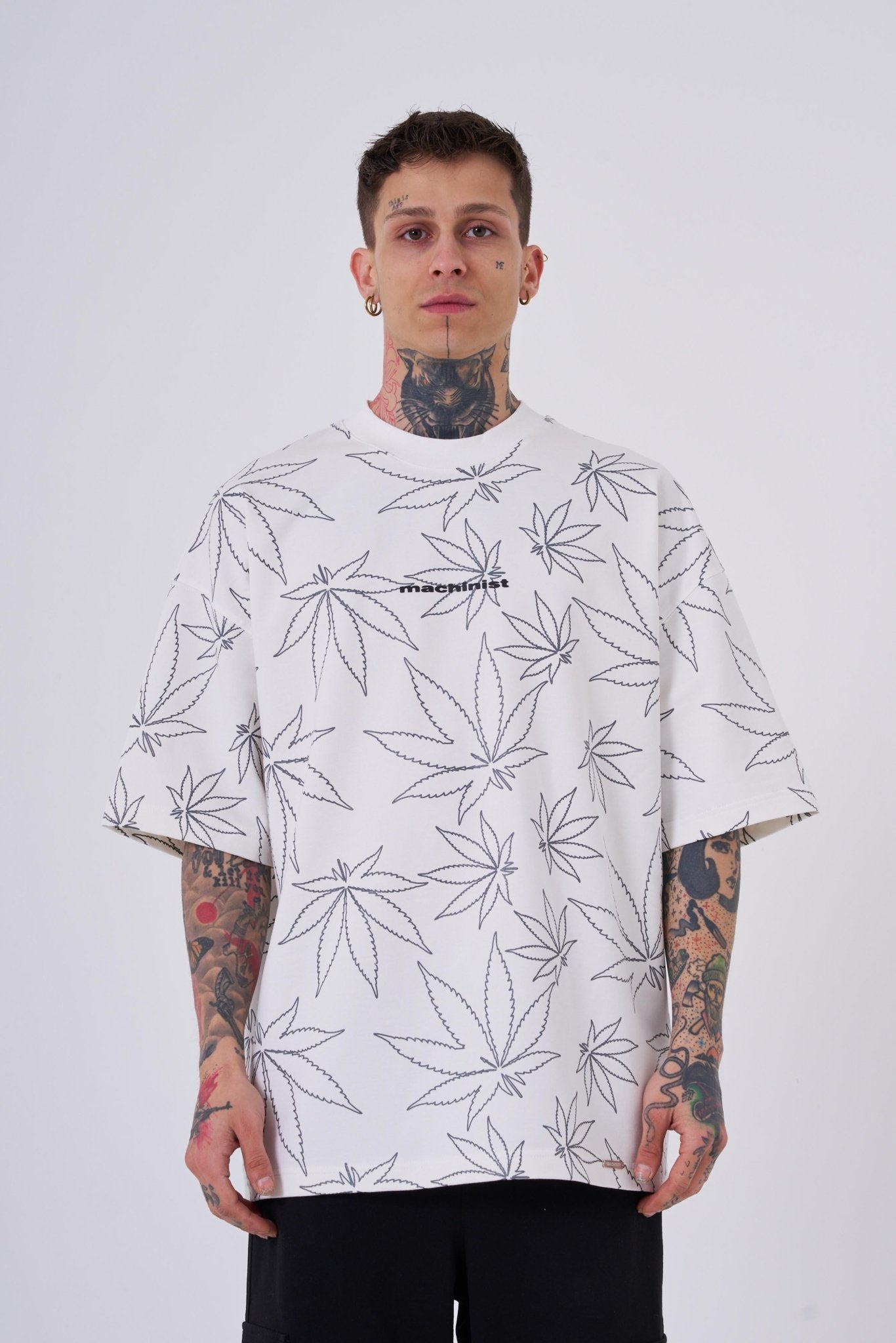 Erkek Cannabis Leaf Baskılı Oversize Tişört Ekru