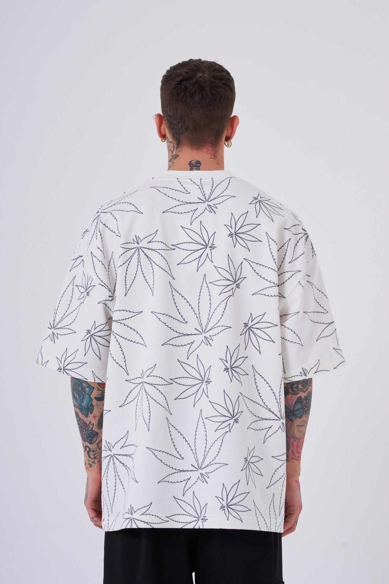 Erkek Cannabis Leaf Baskılı Oversize Tişört Ekru