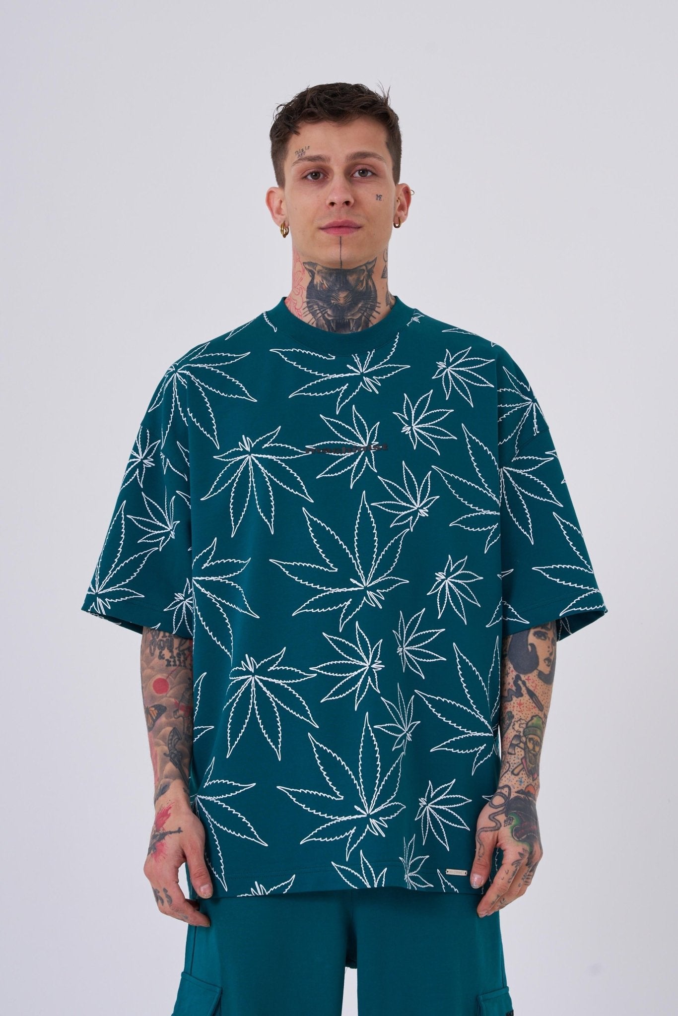 Erkek Cannabis Leaf Baskılı Oversize Tişört Yağ Yeşili