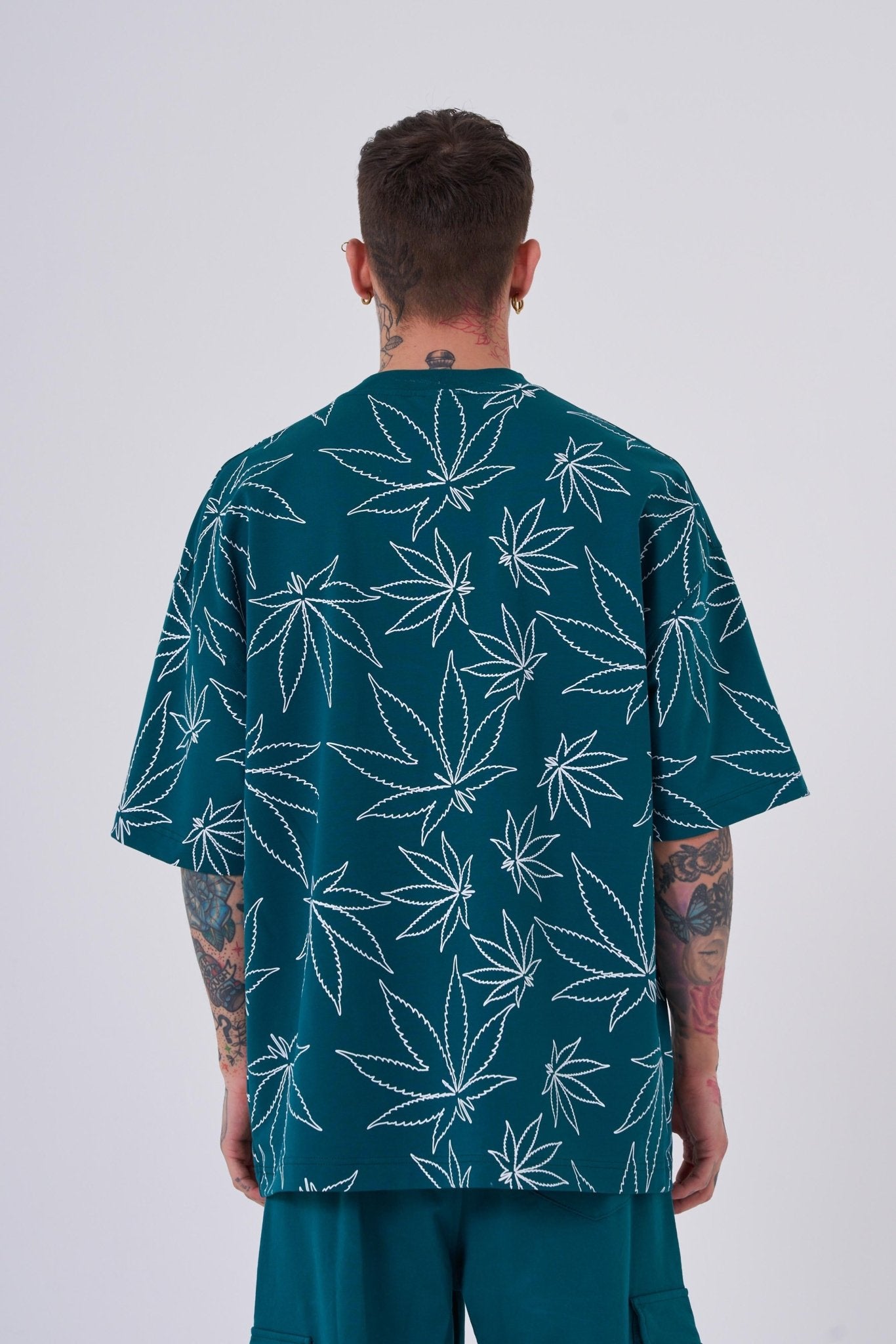 Erkek Cannabis Leaf Baskılı Oversize Tişört Yağ Yeşili