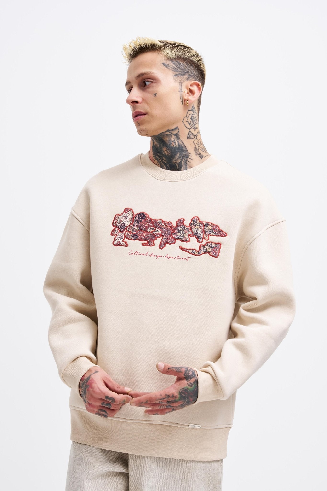Erkek Carpet Embrodery Sweatshirt Açık Bej