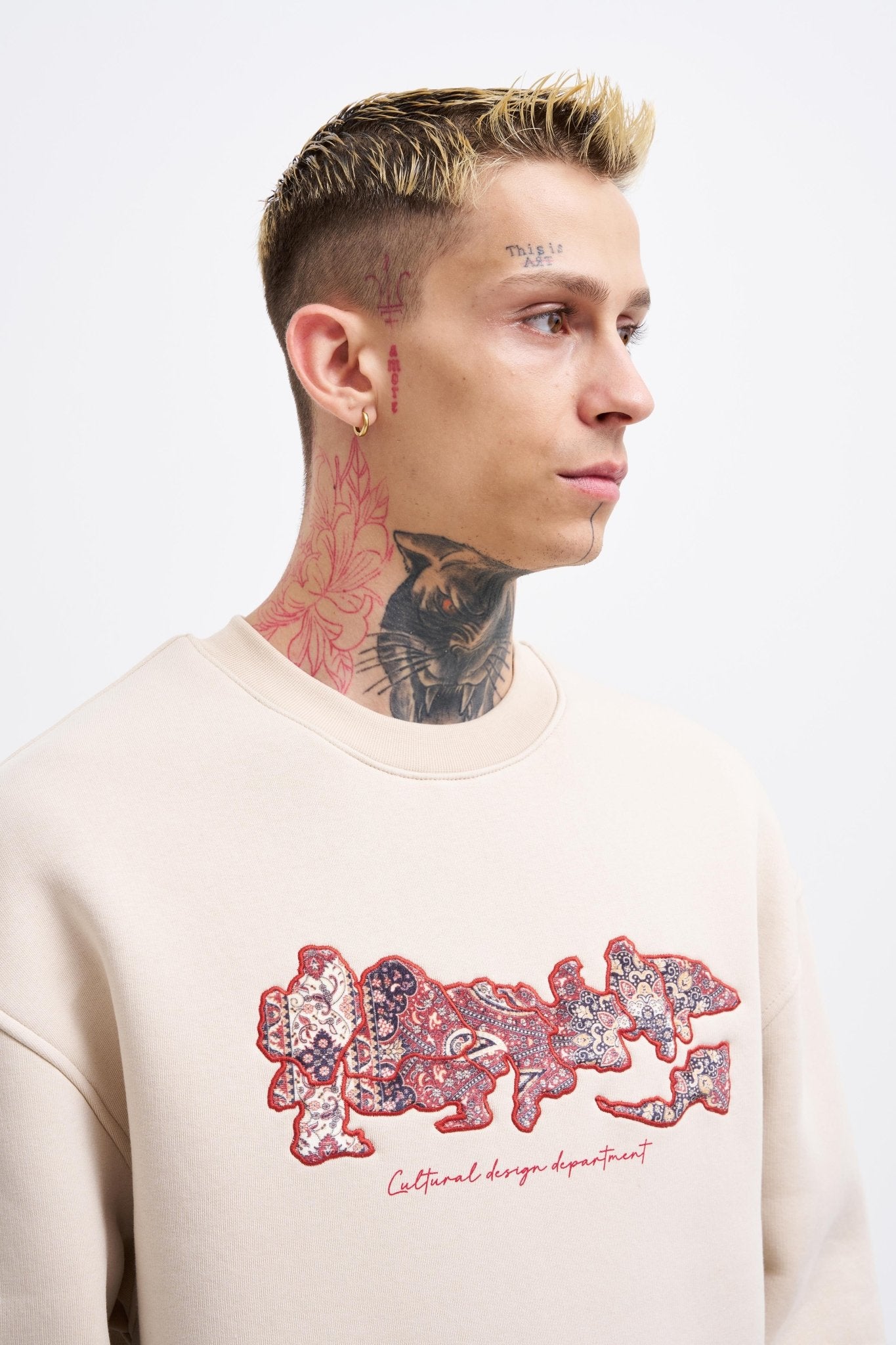 Erkek Carpet Embrodery Sweatshirt Açık Bej