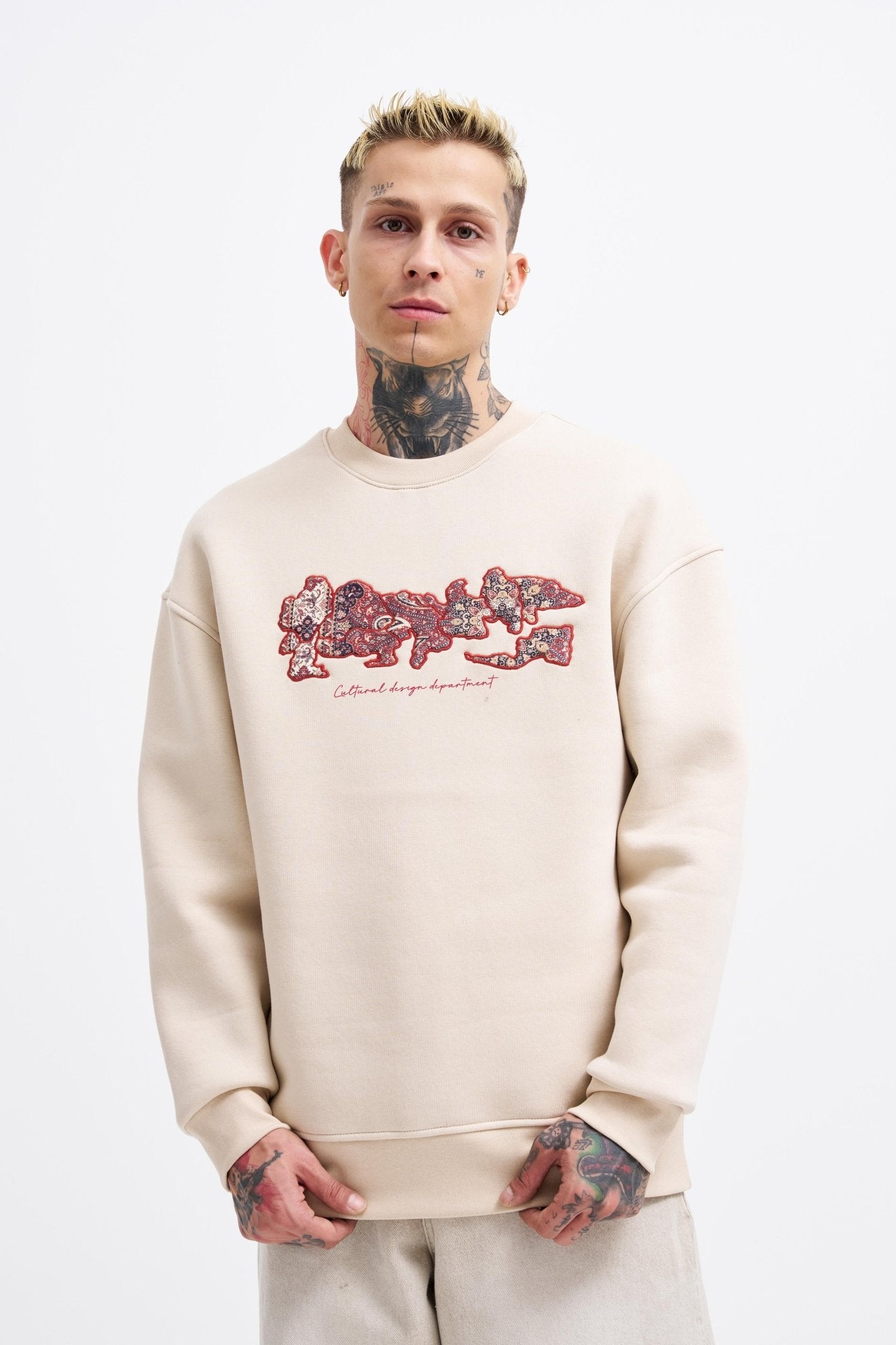 Erkek Carpet Embrodery Sweatshirt Açık Bej