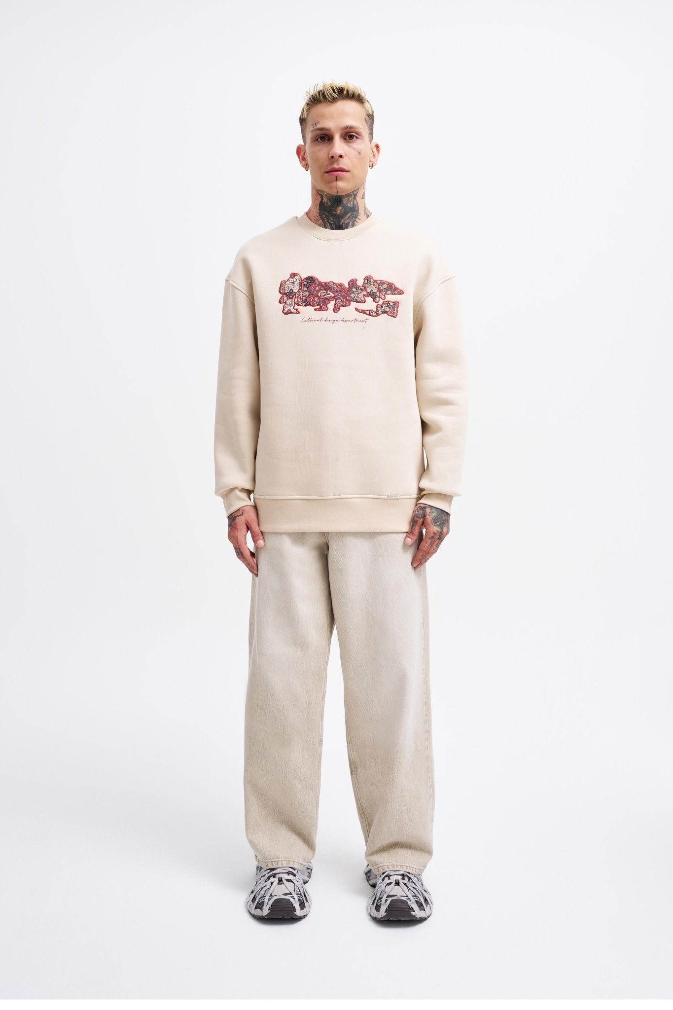 Erkek Carpet Embrodery Sweatshirt Açık Bej