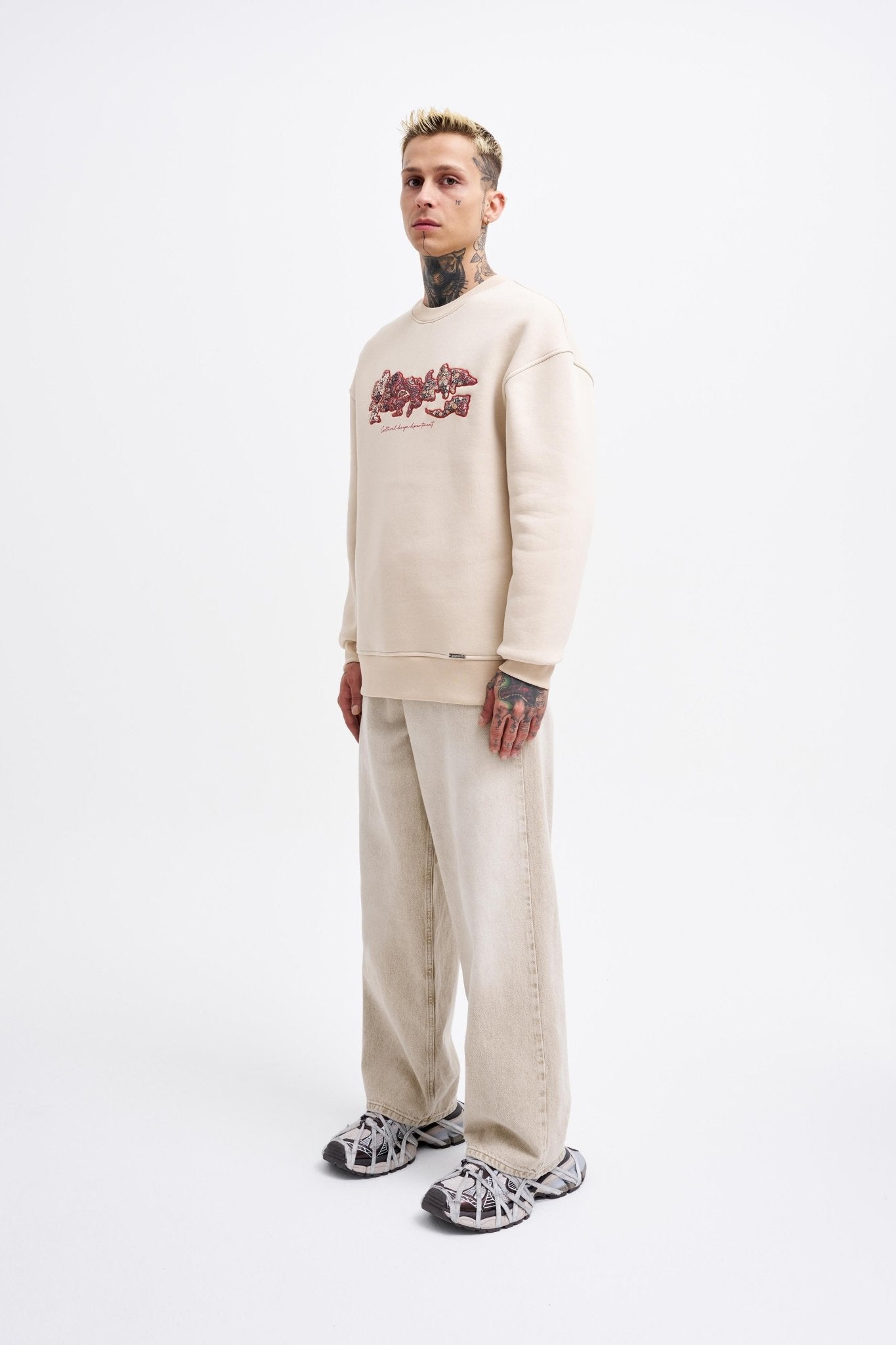 Erkek Carpet Embrodery Sweatshirt Açık Bej