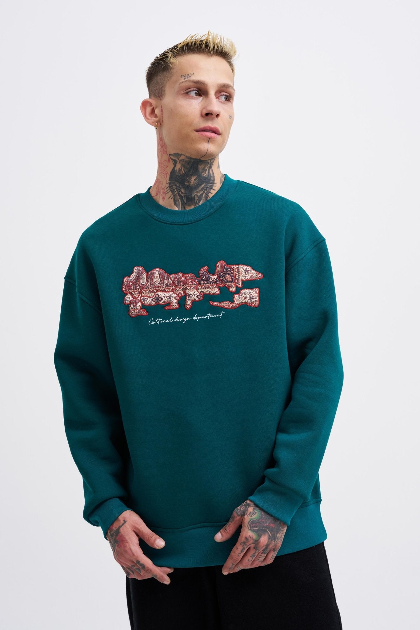 Erkek Carpet Embrodery Sweatshirt Yağ Yeşili
