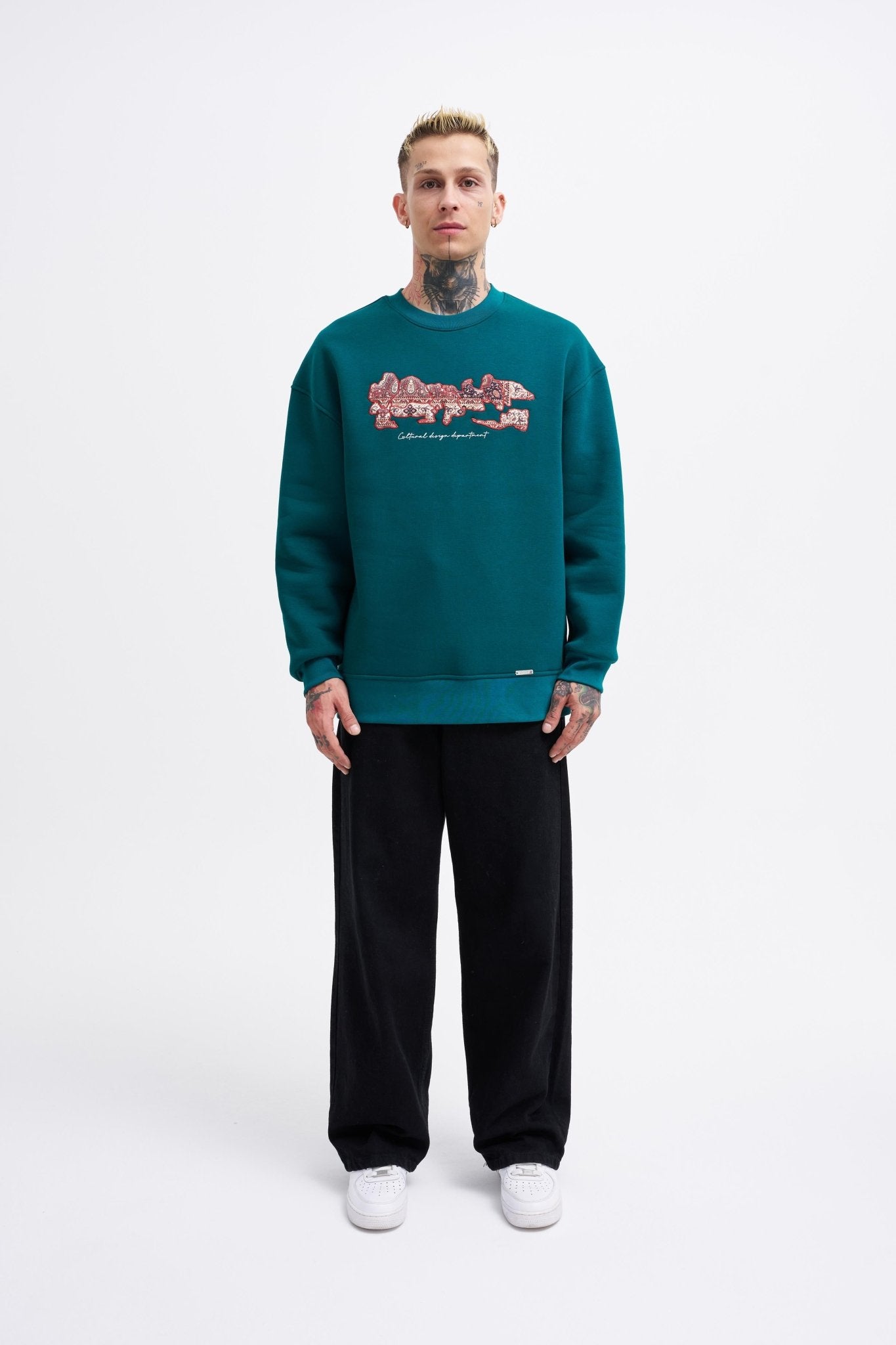 Erkek Carpet Embrodery Sweatshirt Yağ Yeşili
