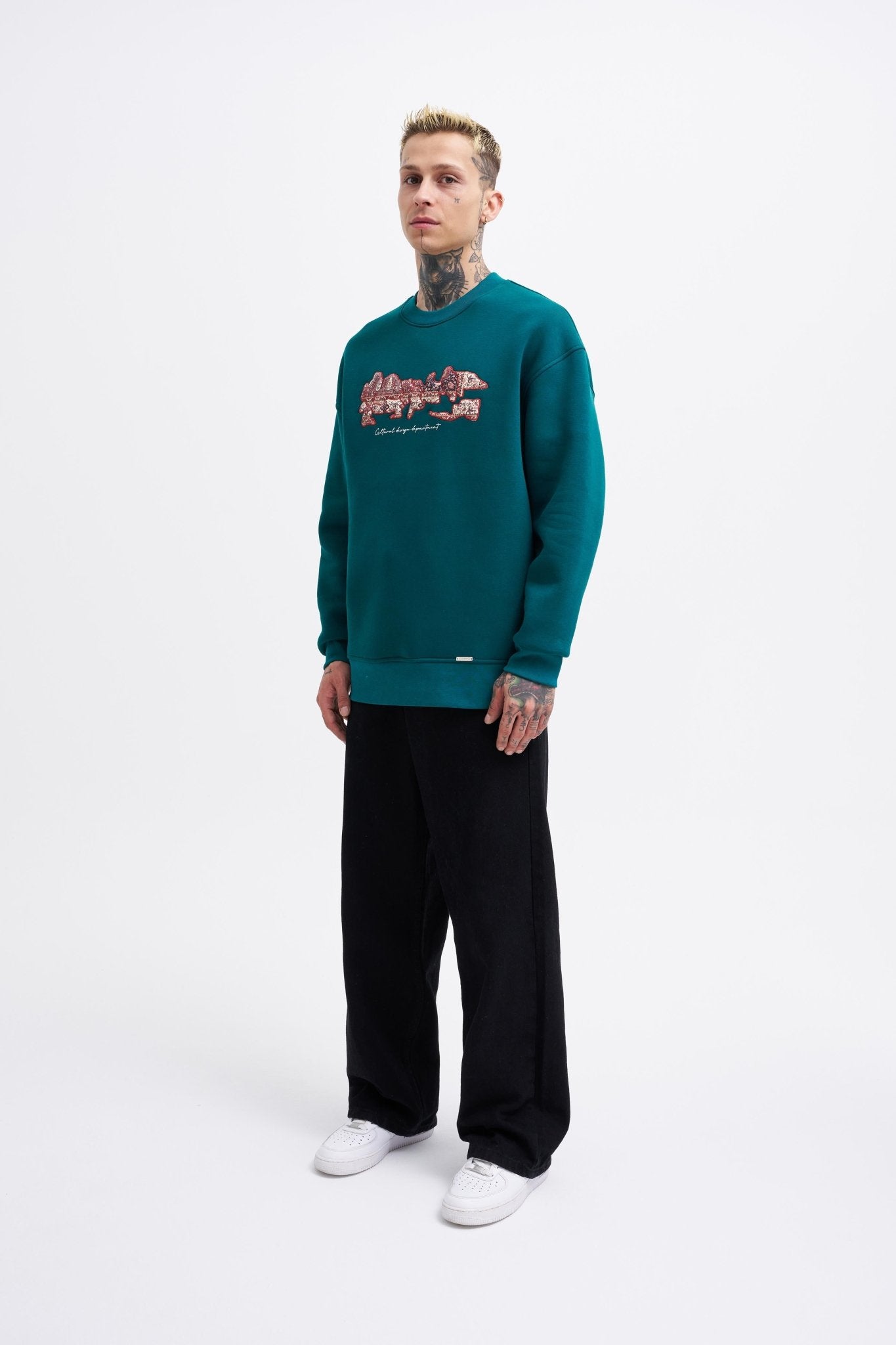 Erkek Carpet Embrodery Sweatshirt Yağ Yeşili