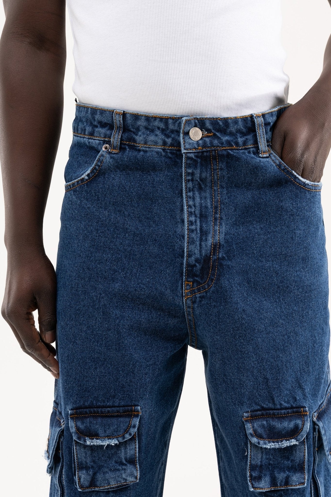 Erkek Cep Detaylı Baggy Jean Pantolon Mavi