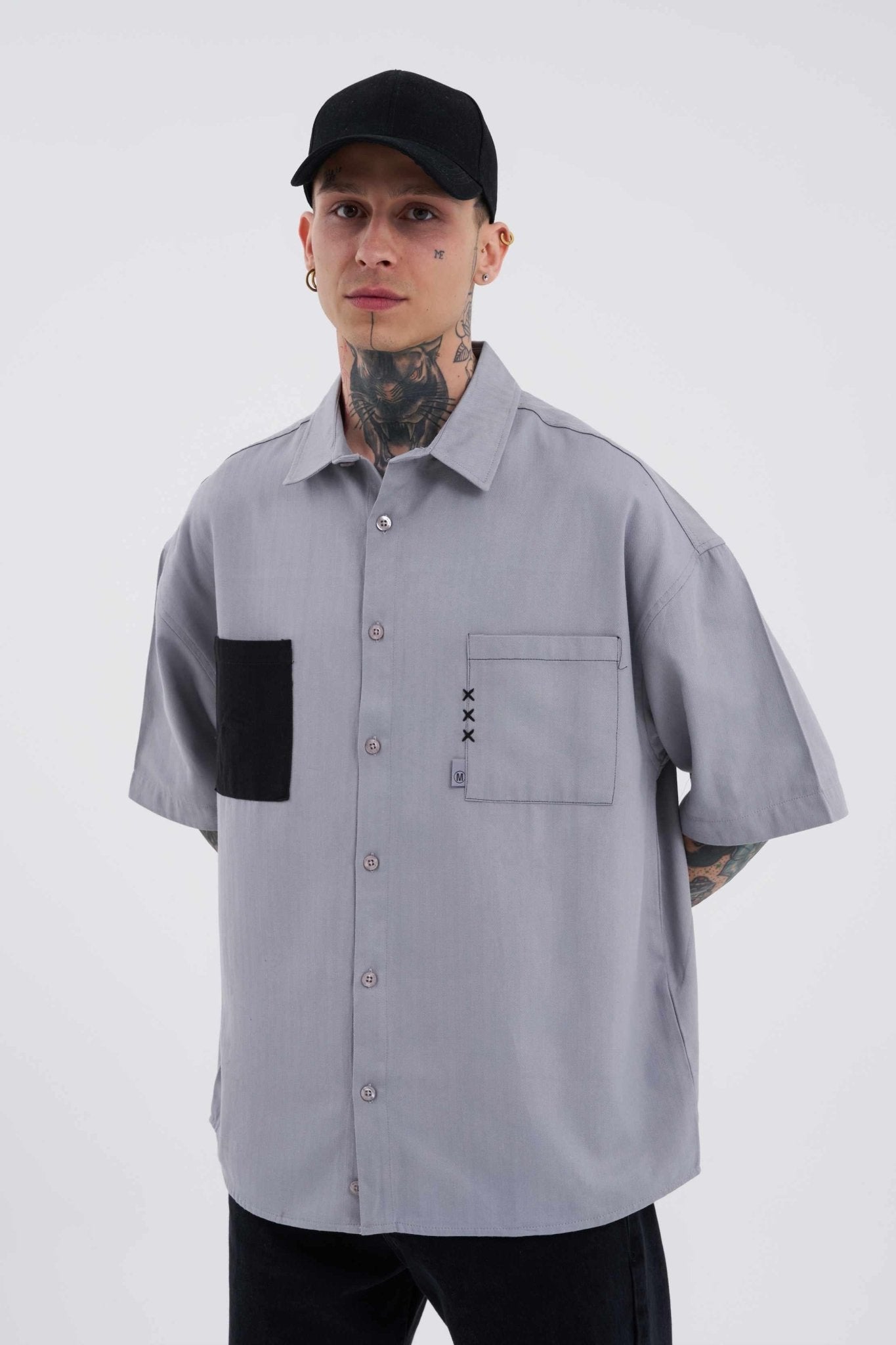 Erkek Cepli Basic Oversize Gömlek Gri