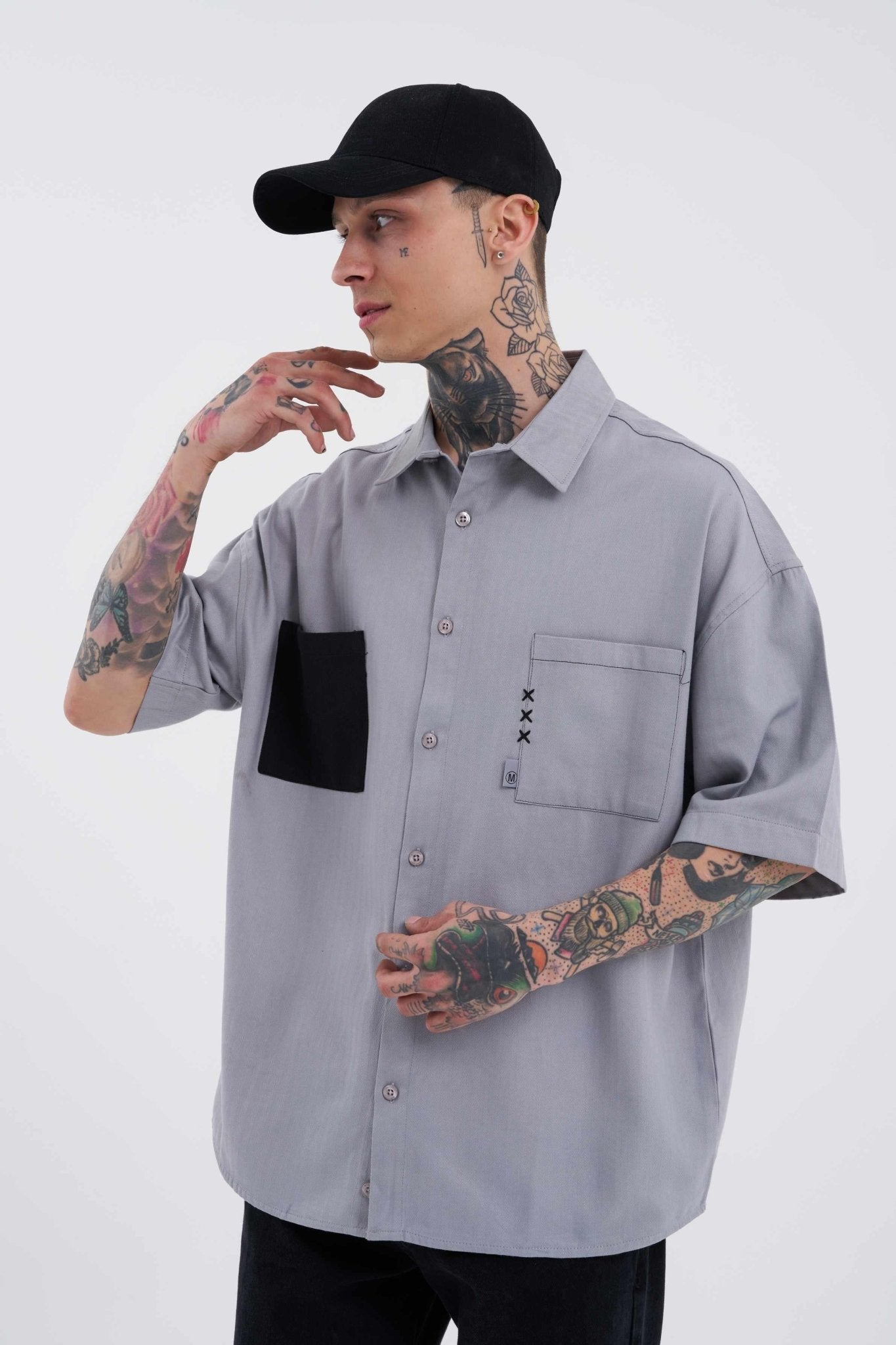 Erkek Cepli Basic Oversize Gömlek Gri
