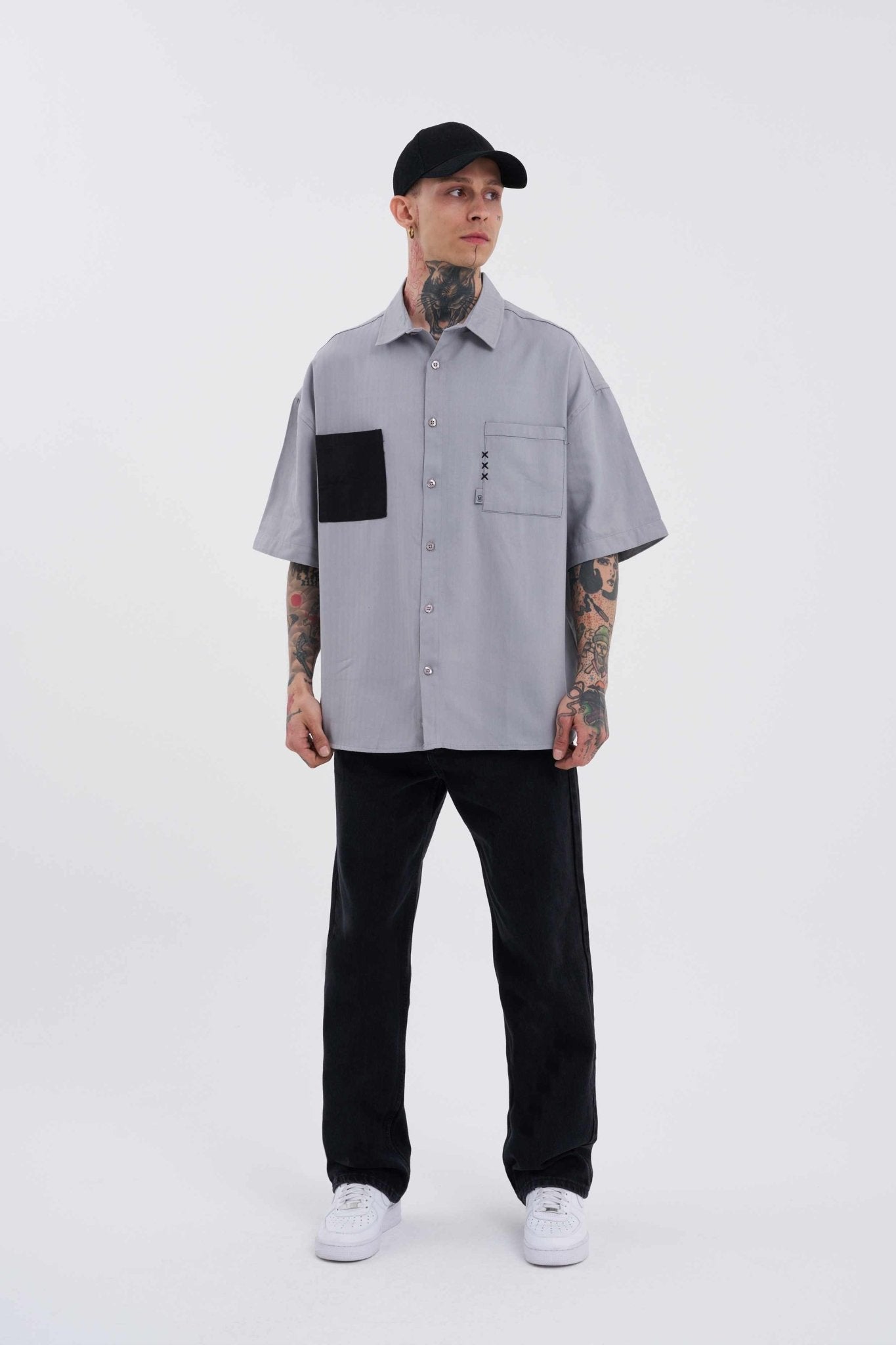 Erkek Cepli Basic Oversize Gömlek Gri