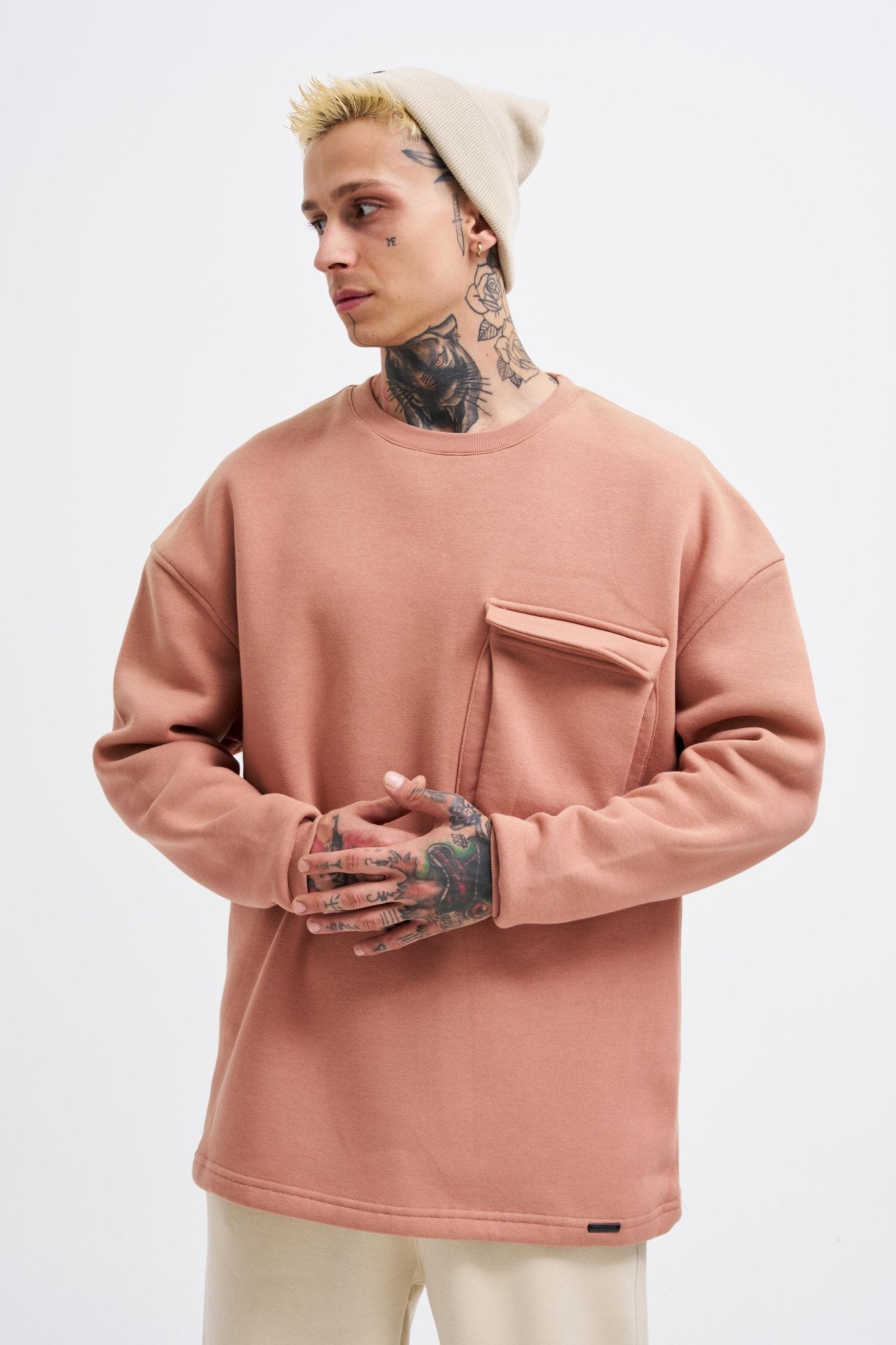 Erkek Cepli Bisiklet Yaka Basic Super Oversize Sweatshirt Bakır