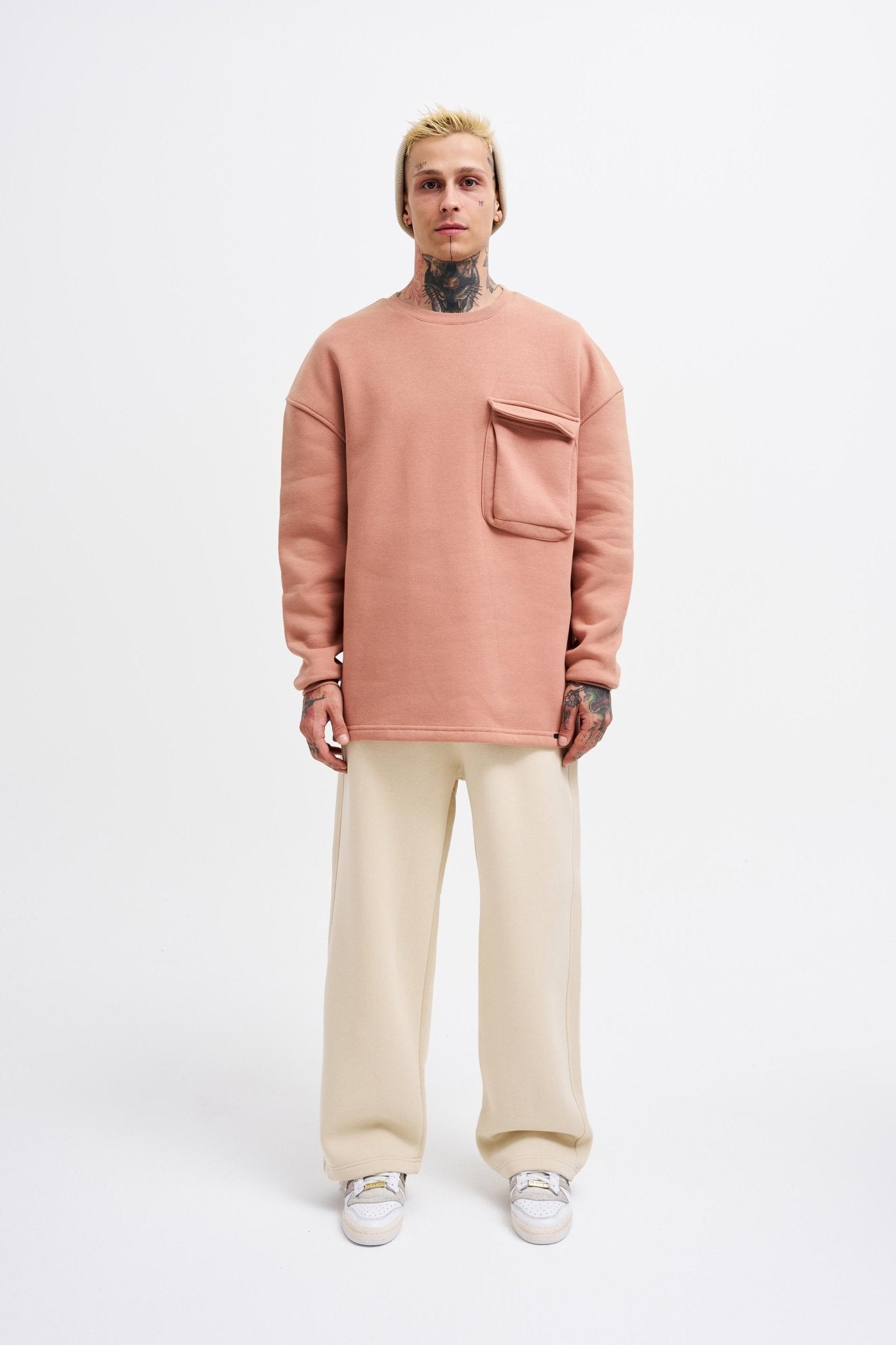 Erkek Cepli Bisiklet Yaka Basic Super Oversize Sweatshirt Bakır