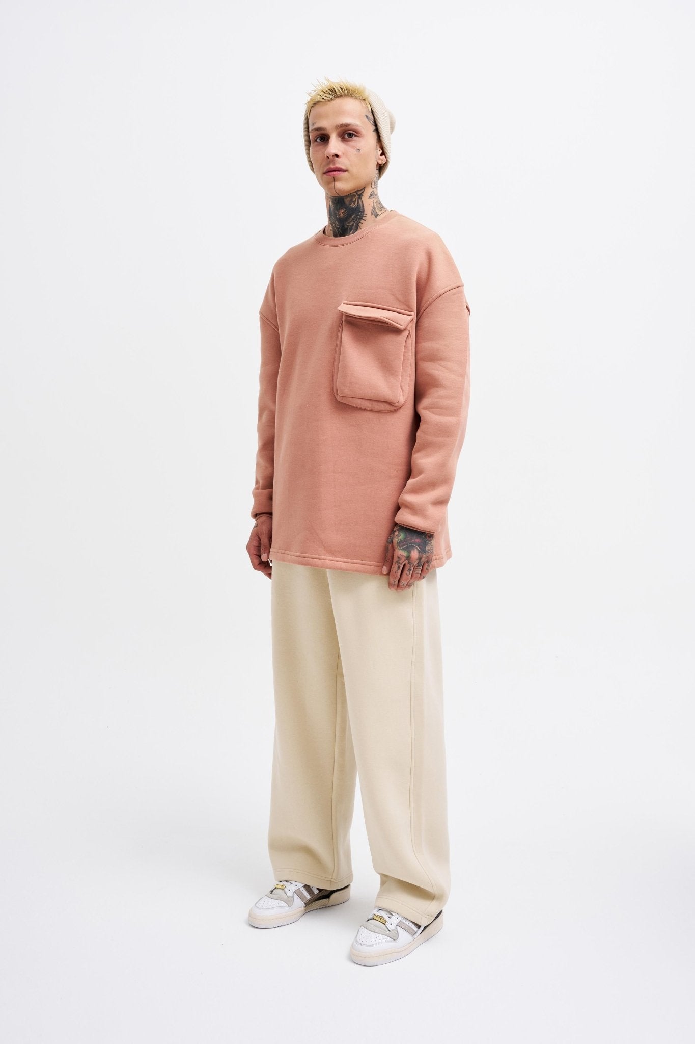 Erkek Cepli Bisiklet Yaka Basic Super Oversize Sweatshirt Bakır