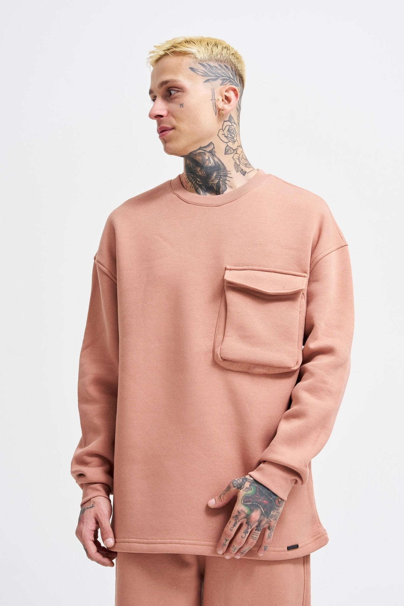 Erkek Cepli Bisiklet Yaka Basic Super Oversize Sweatshirt Bakır