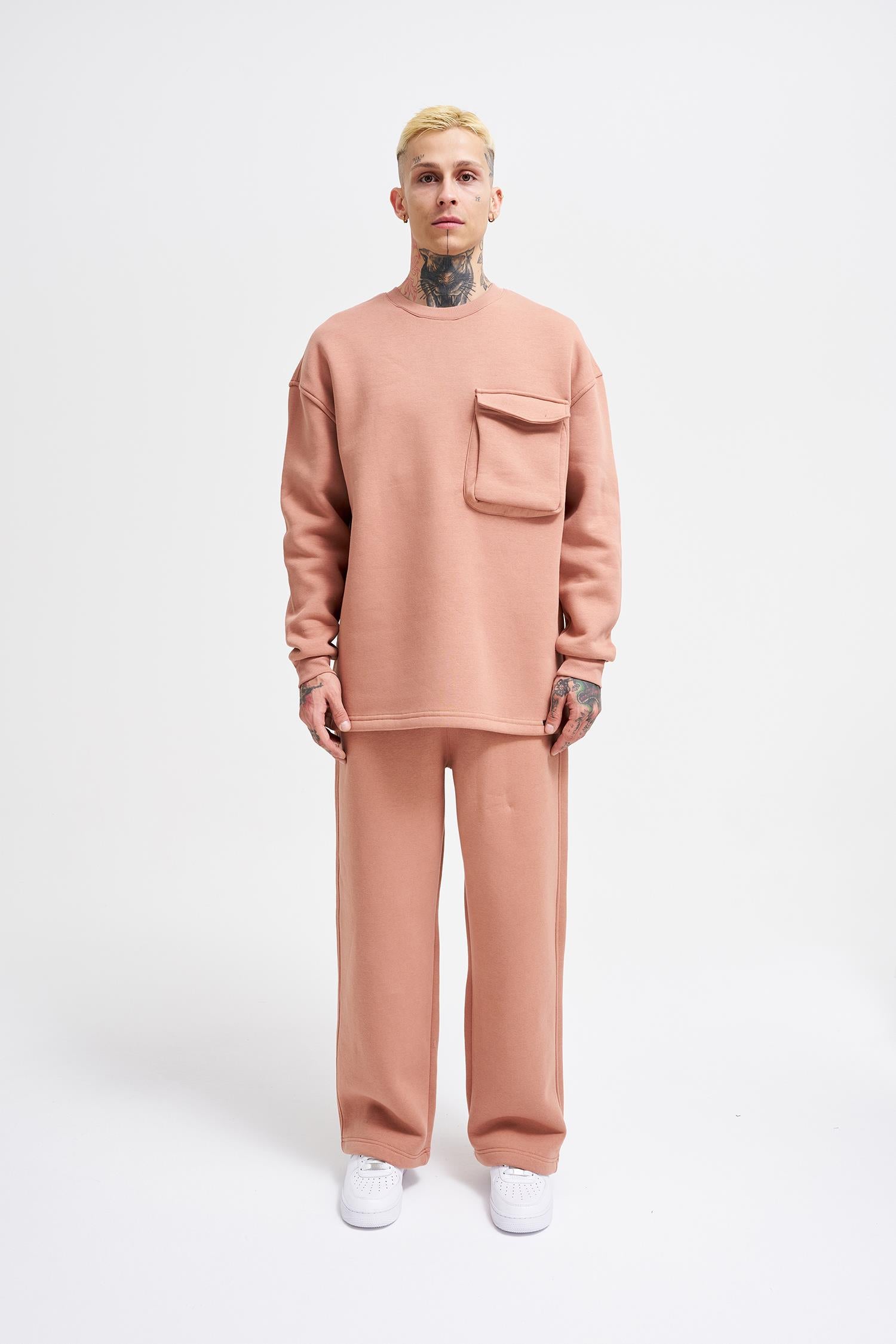 Erkek Cepli Bisiklet Yaka Basic Super Oversize Sweatshirt Bakır