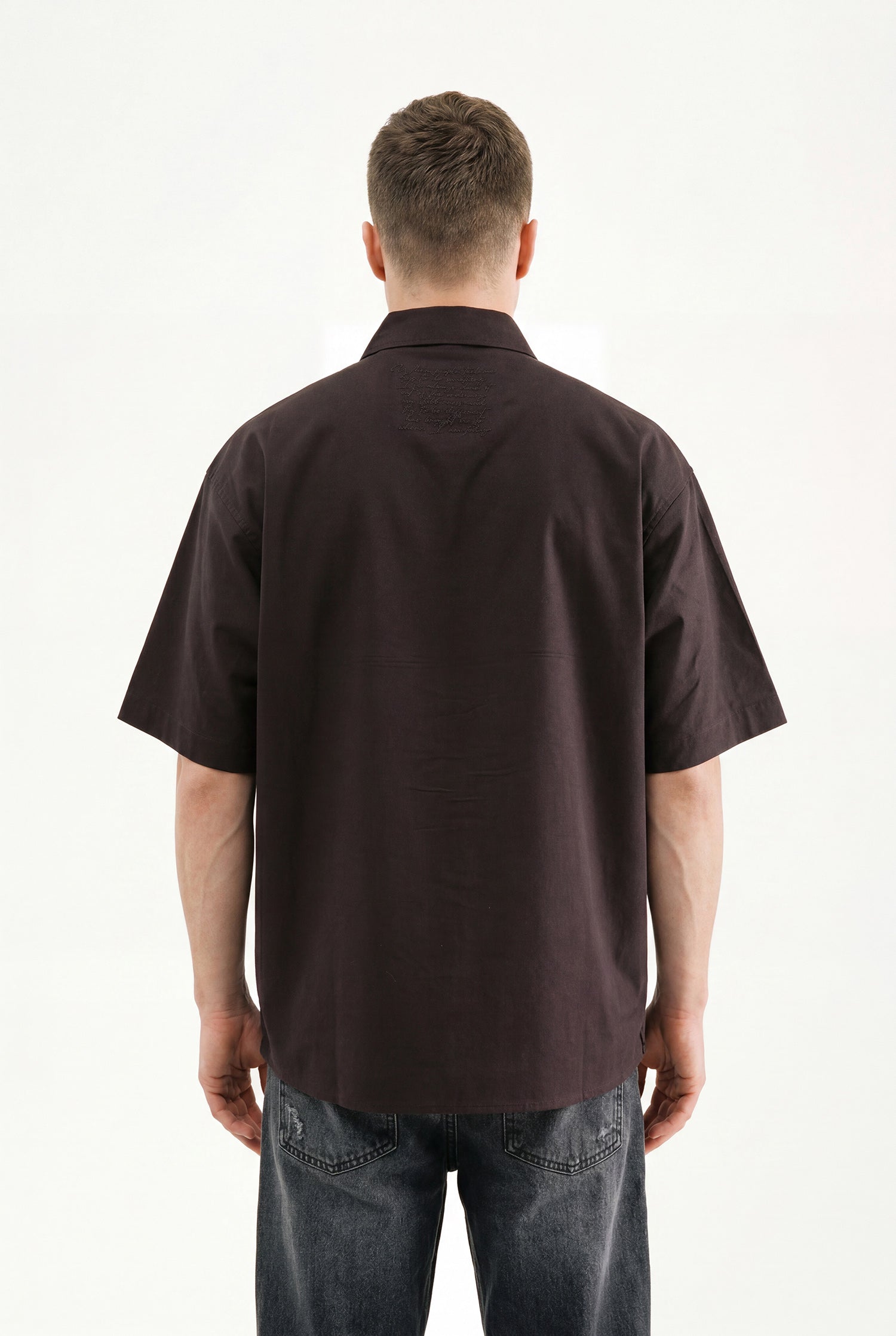 Erkek Çiçek Nakışlı Oversize Gömlek Kahverengi-3