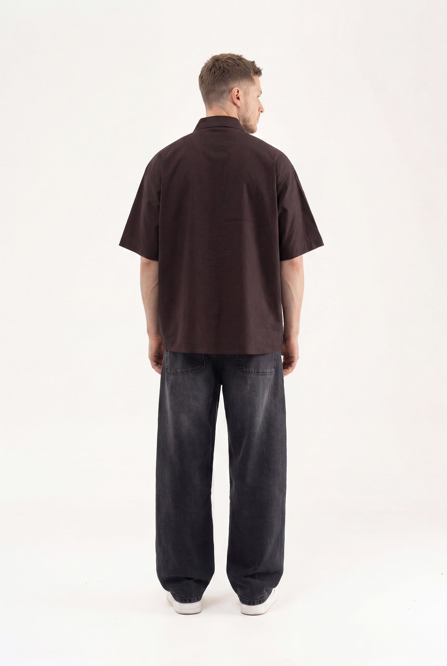 Erkek Çiçek Nakışlı Oversize Gömlek Kahverengi-5