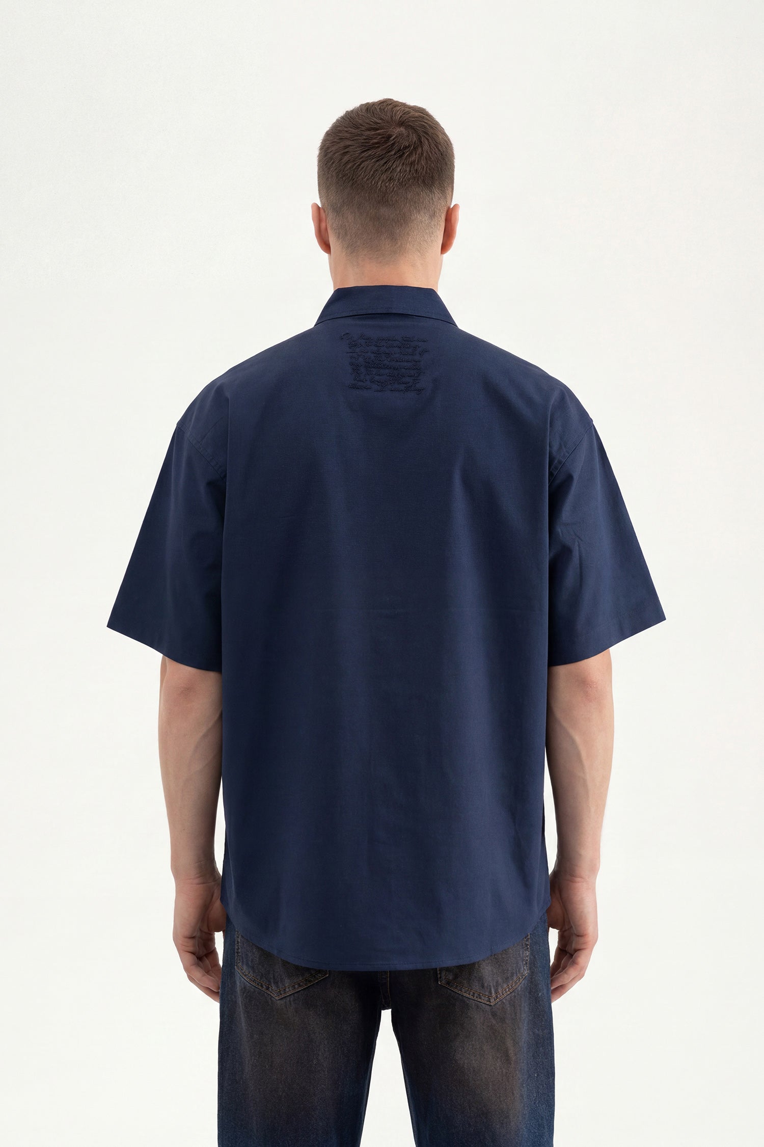 Erkek Çiçek Nakışlı Oversize Gömlek Lacivert-3